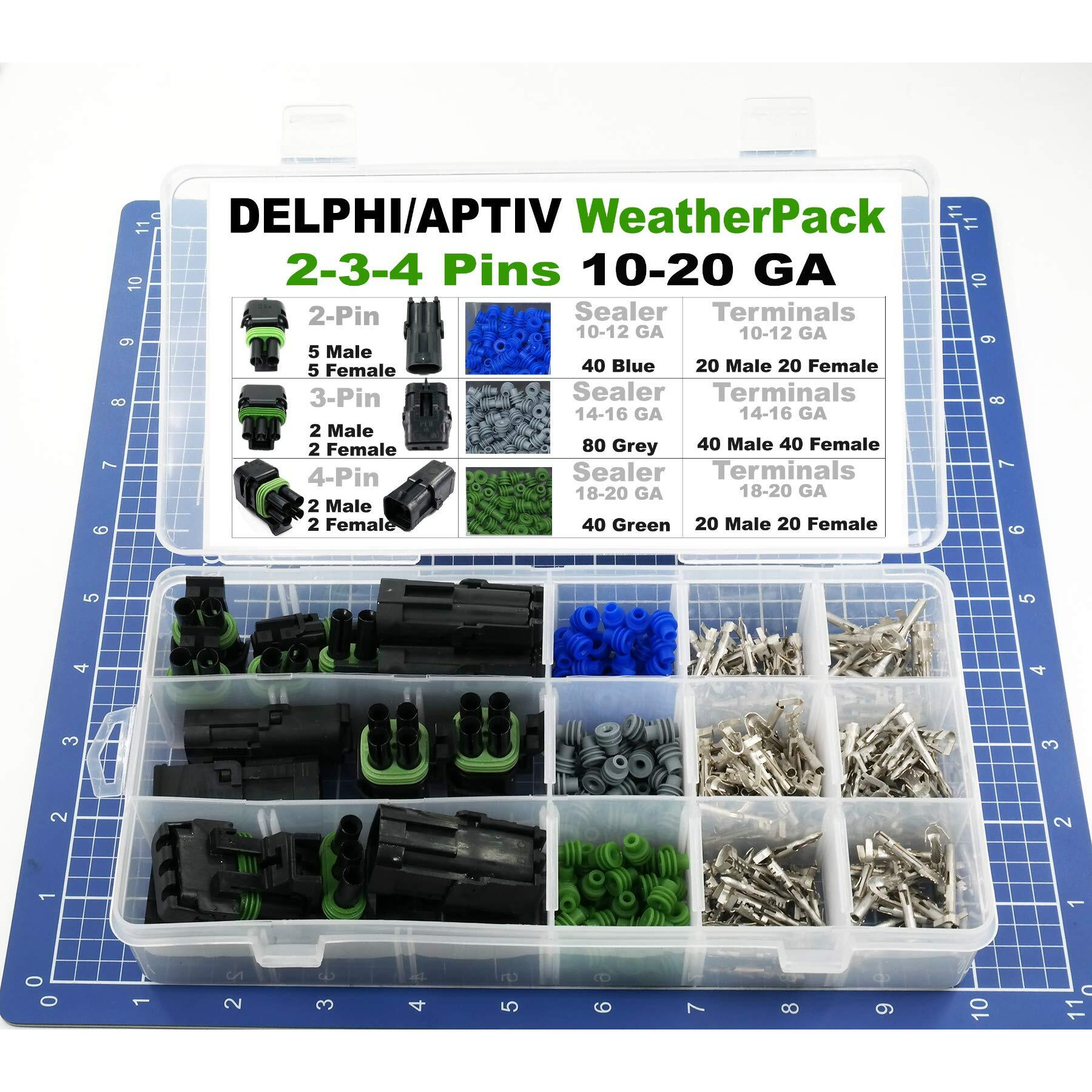 338Pcs 2, 3,4 Pin Weatherpack, 20 Amp Terminal Kit 10-20