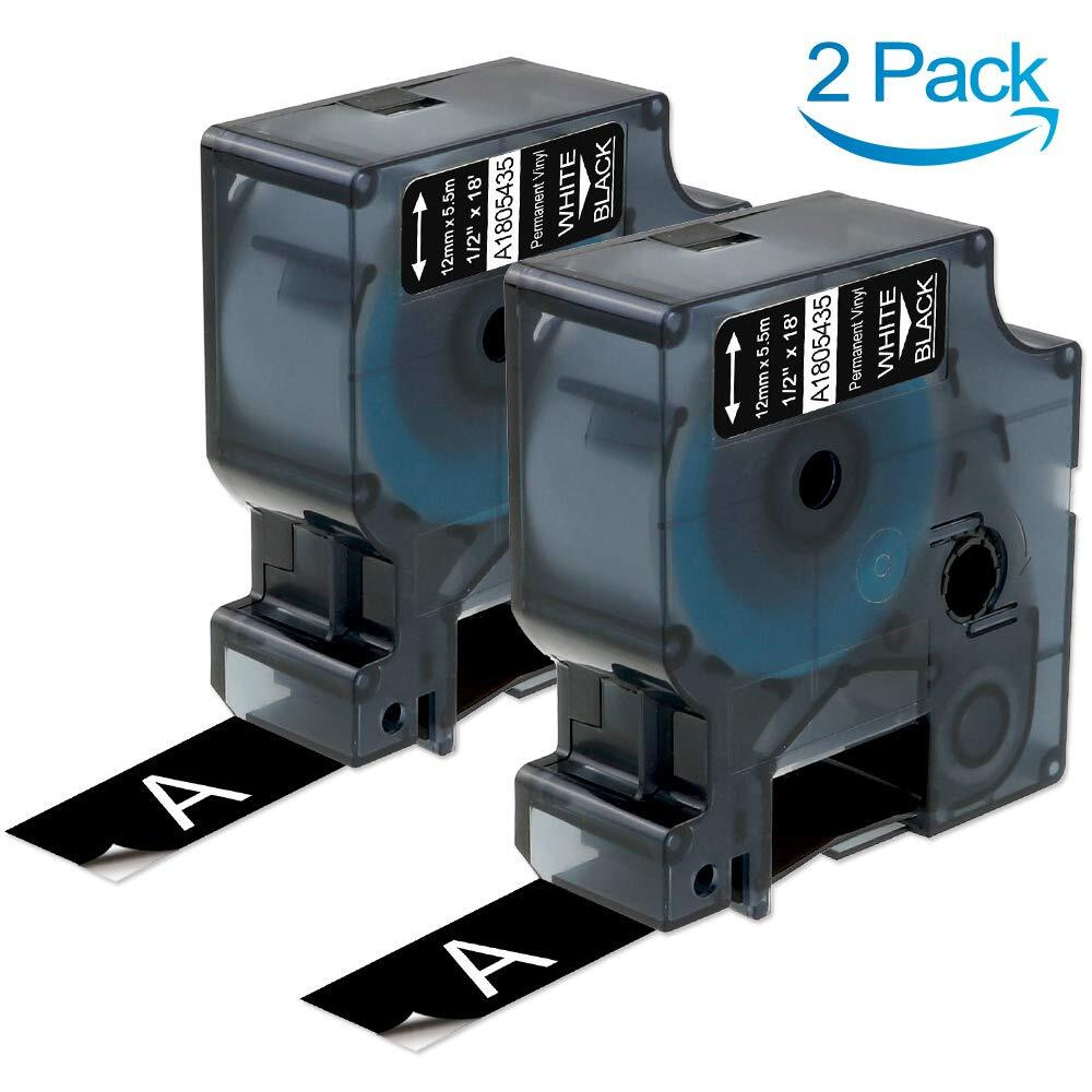 Aonomi Compatible Industrial Label Tapes Replacement For Dymo 1805435 Permanent Vinyl Label Tape For Dymo Rhino 4200, 5200, 5000, 6000 Industrial Label Maker, (White On Black, 1/2" X 18'),2-Pack