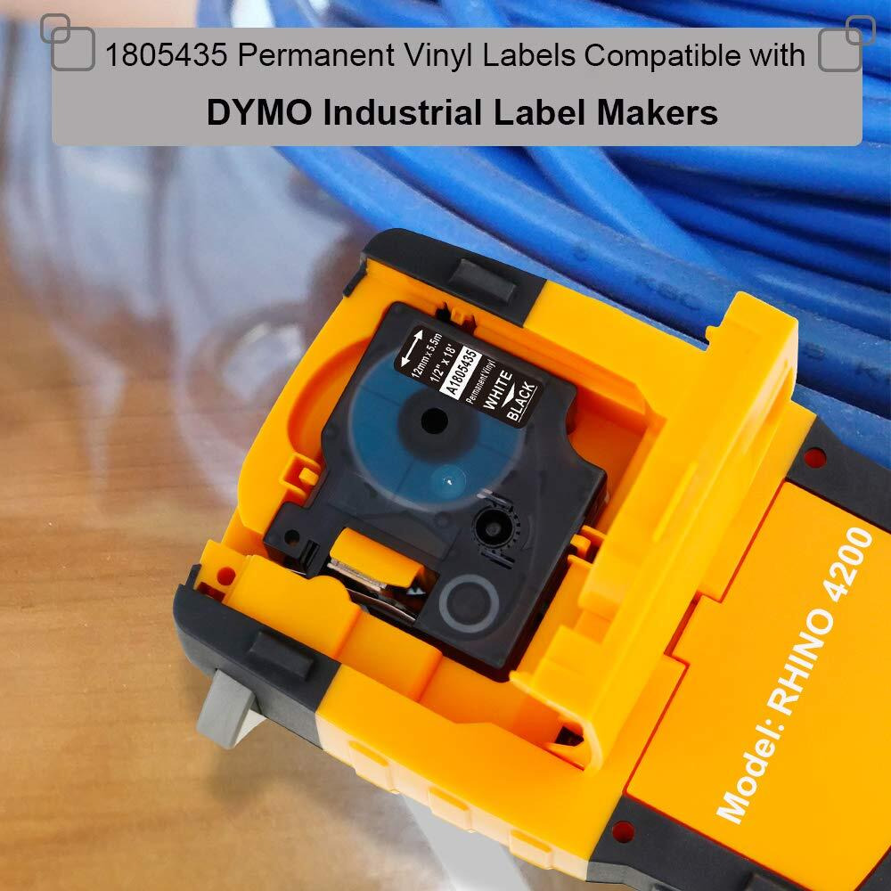 Aonomi Compatible Industrial Label Tapes Replacement For Dymo 1805435 Permanent Vinyl Label Tape For Dymo Rhino 4200, 5200, 5000, 6000 Industrial Label Maker, (White On Black, 1/2" X 18'),2-Pack