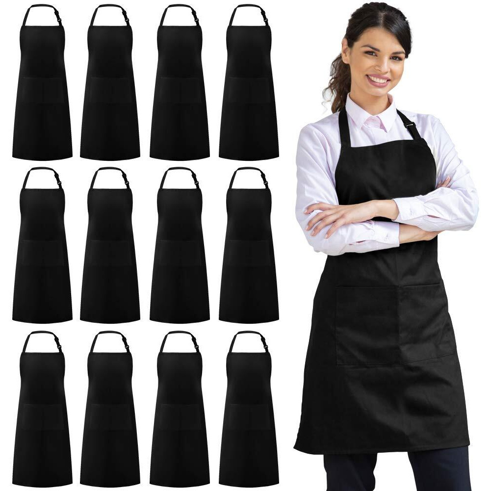 Syntus 12 Pack Bib Apron, Unisex Aprons Adjustable Waterdrop Resistant With 2 Pockets Cooking Kitchen Apron For Chef, Bbq Drawing Apron Bulk, Black