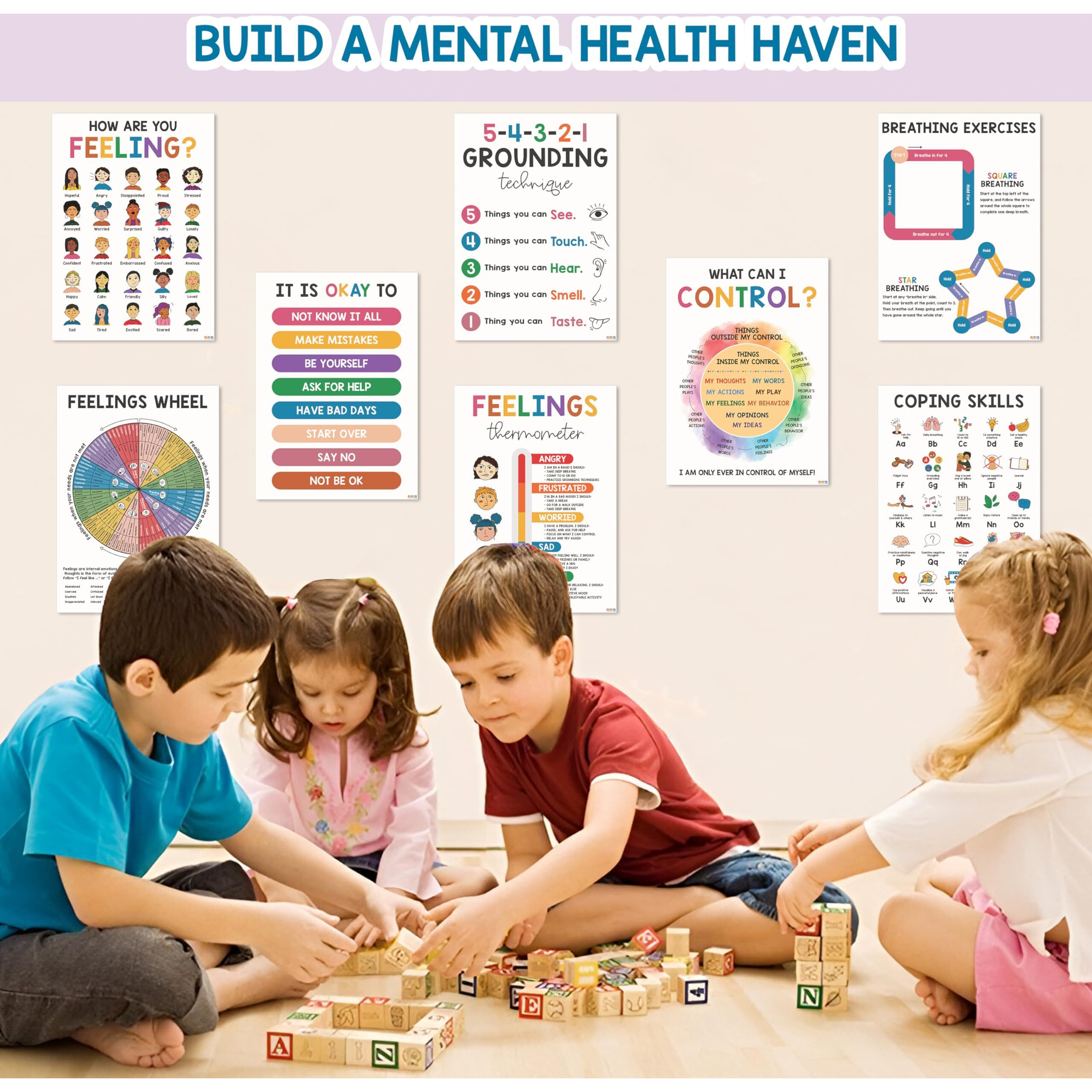 8 Pcs Mental Health Posters For Kids (10&quotX14") Therapy Office Decor, Feeling Wheel Poster, What Can I Control, Emotions Chart Kids Inspirational Wall Art, Classroom School Counselor Psychologist Decor