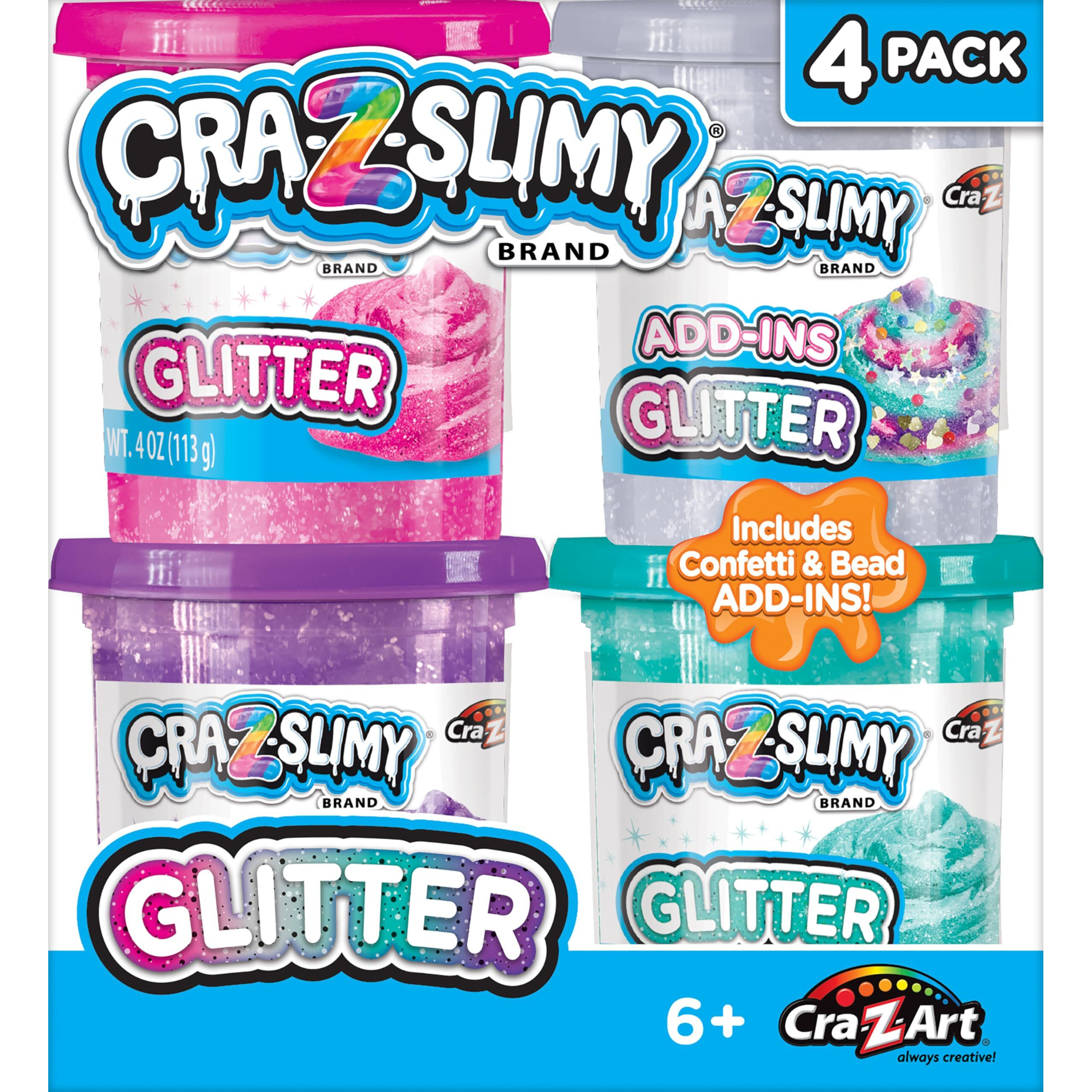 Cra-Z-Slimy 4 Pack Glitter Slime Set - Comes With 3 Colors Of Pre-Made Glitter Slime And Glitter Add-Ins