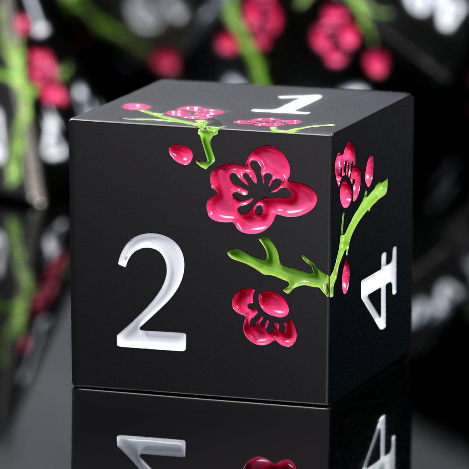 Metal Dice Set D&D, Dndnd 7 Pcs Flower Metallic Dnd Dice Set With Grogeous Gift Case For Dungeons And Dragon Tabletop Game (Matte Black With Pink Flower)