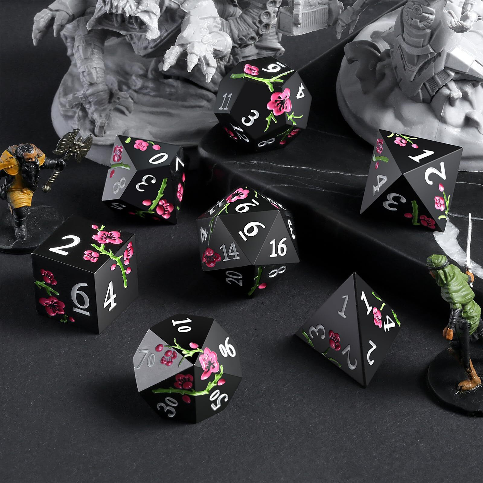 Metal Dice Set D&D, Dndnd 7 Pcs Flower Metallic Dnd Dice Set With Grogeous Gift Case For Dungeons And Dragon Tabletop Game (Matte Black With Pink Flower)