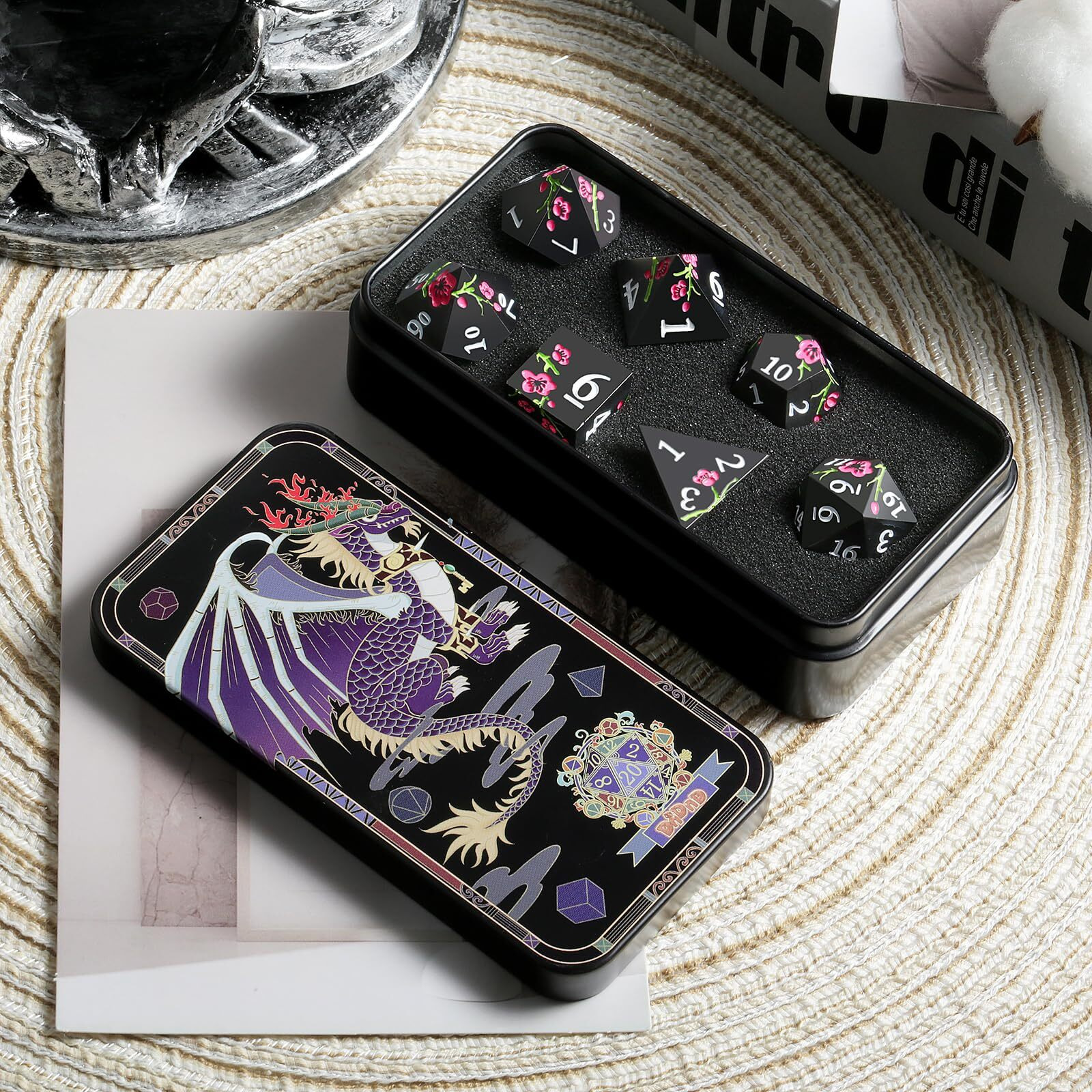 Metal Dice Set D&D, Dndnd 7 Pcs Flower Metallic Dnd Dice Set With Grogeous Gift Case For Dungeons And Dragon Tabletop Game (Matte Black With Pink Flower)
