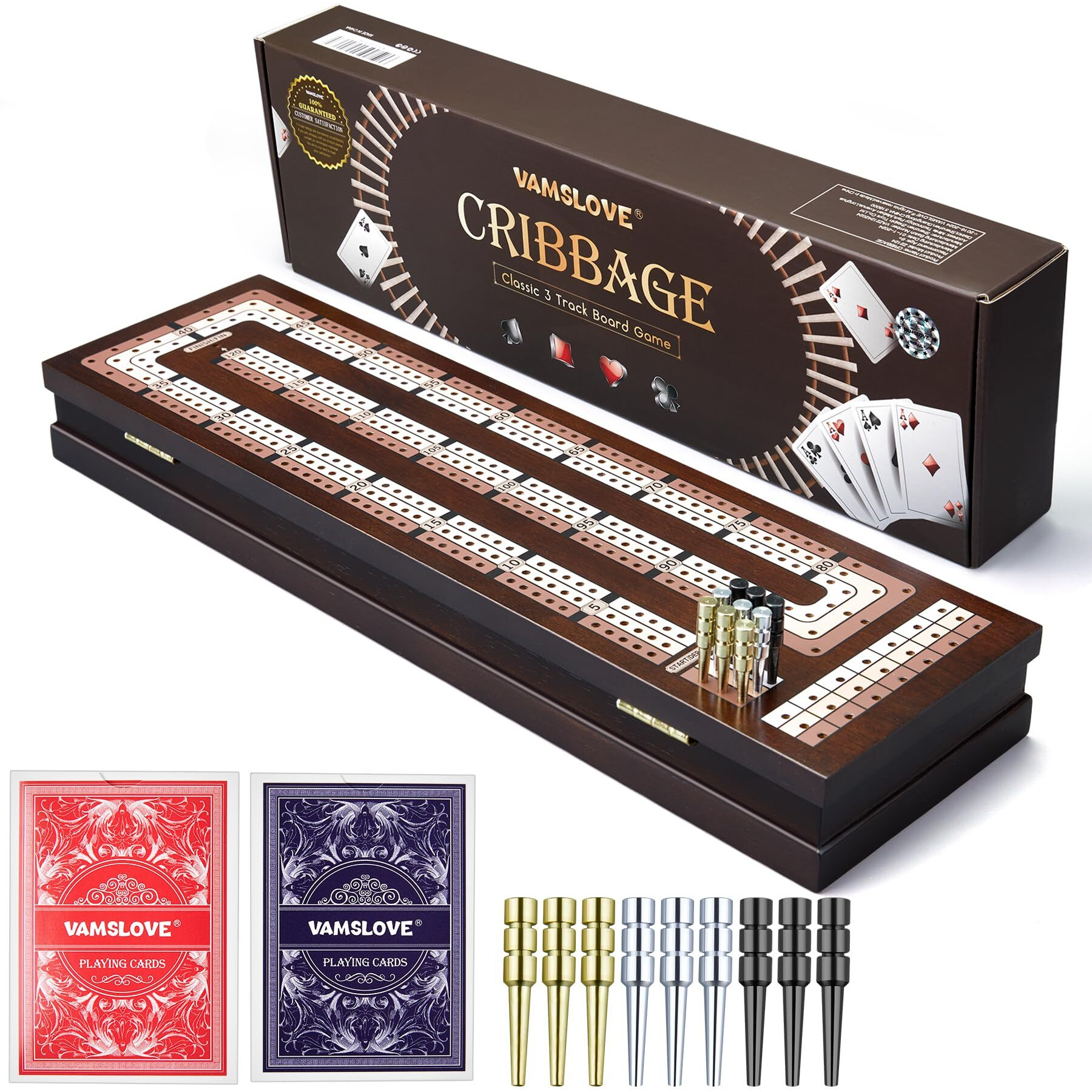 Vamslove Wooden Cribbage Board Game Magnetic 3-Track Scoreboard With Large Slots For Storing 2 Playing Cards And 9 Metal Pegs, Travel Family Game Night (Instruction Included