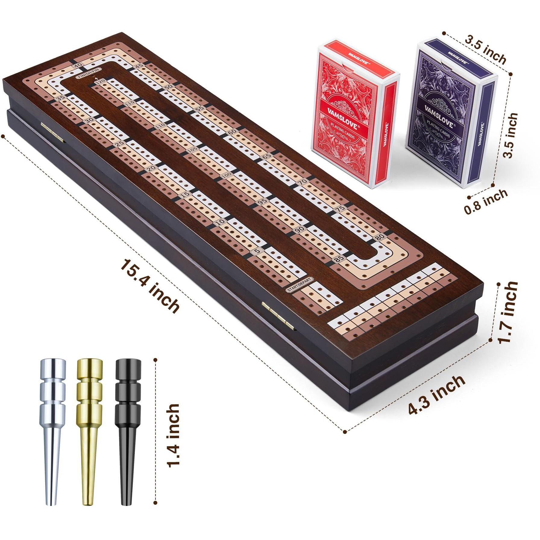 Vamslove Wooden Cribbage Board Game Magnetic 3-Track Scoreboard With Large Slots For Storing 2 Playing Cards And 9 Metal Pegs, Travel Family Game Night (Instruction Included
