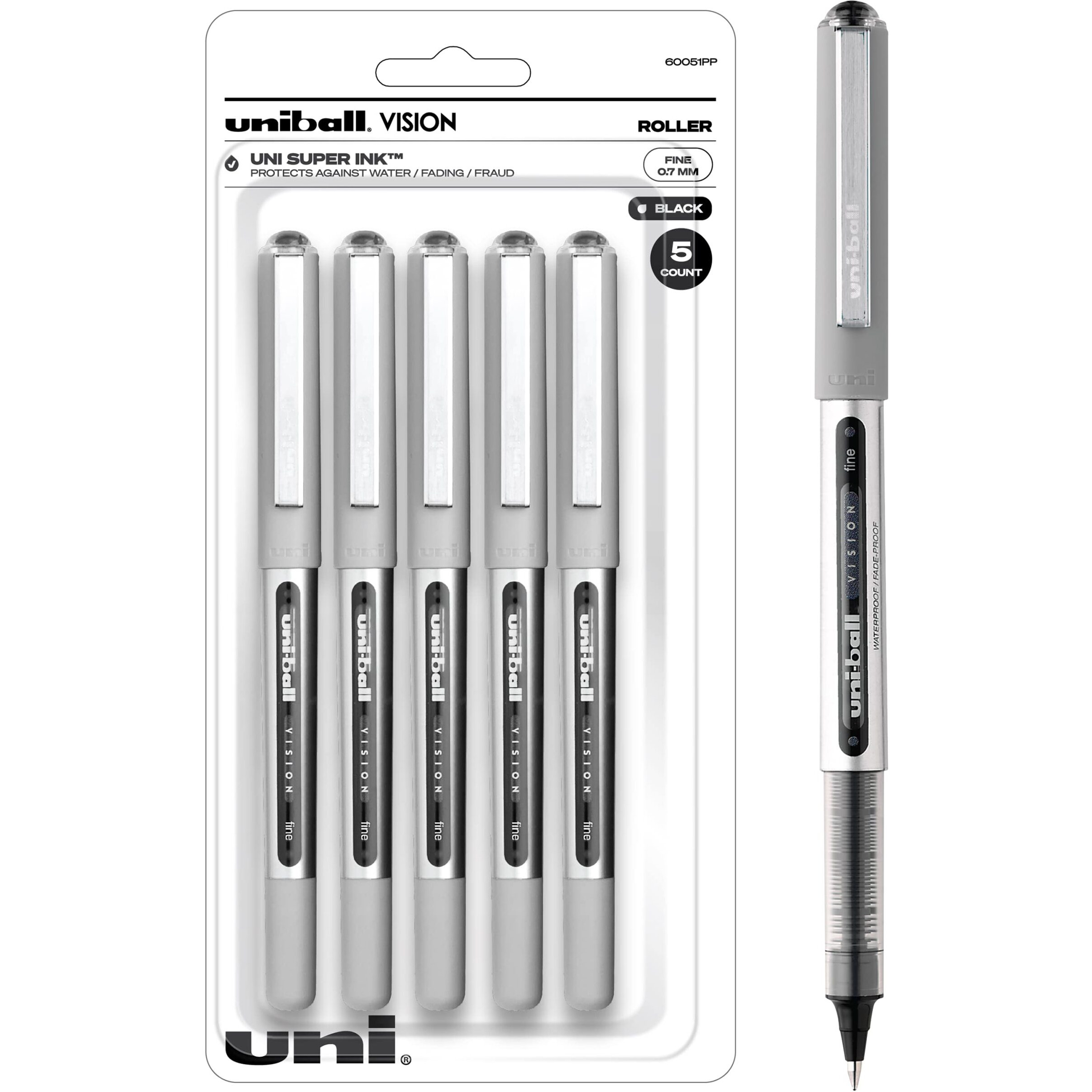 Uniball Vision Rollerball Pens, Black Pens Pack Of 5, Fine Point Pens With 0.7Mm Black Ink, Ink Black Pen, Pens Fine Point Smooth Writing Pens, Bulk Pens, And Office Supplies