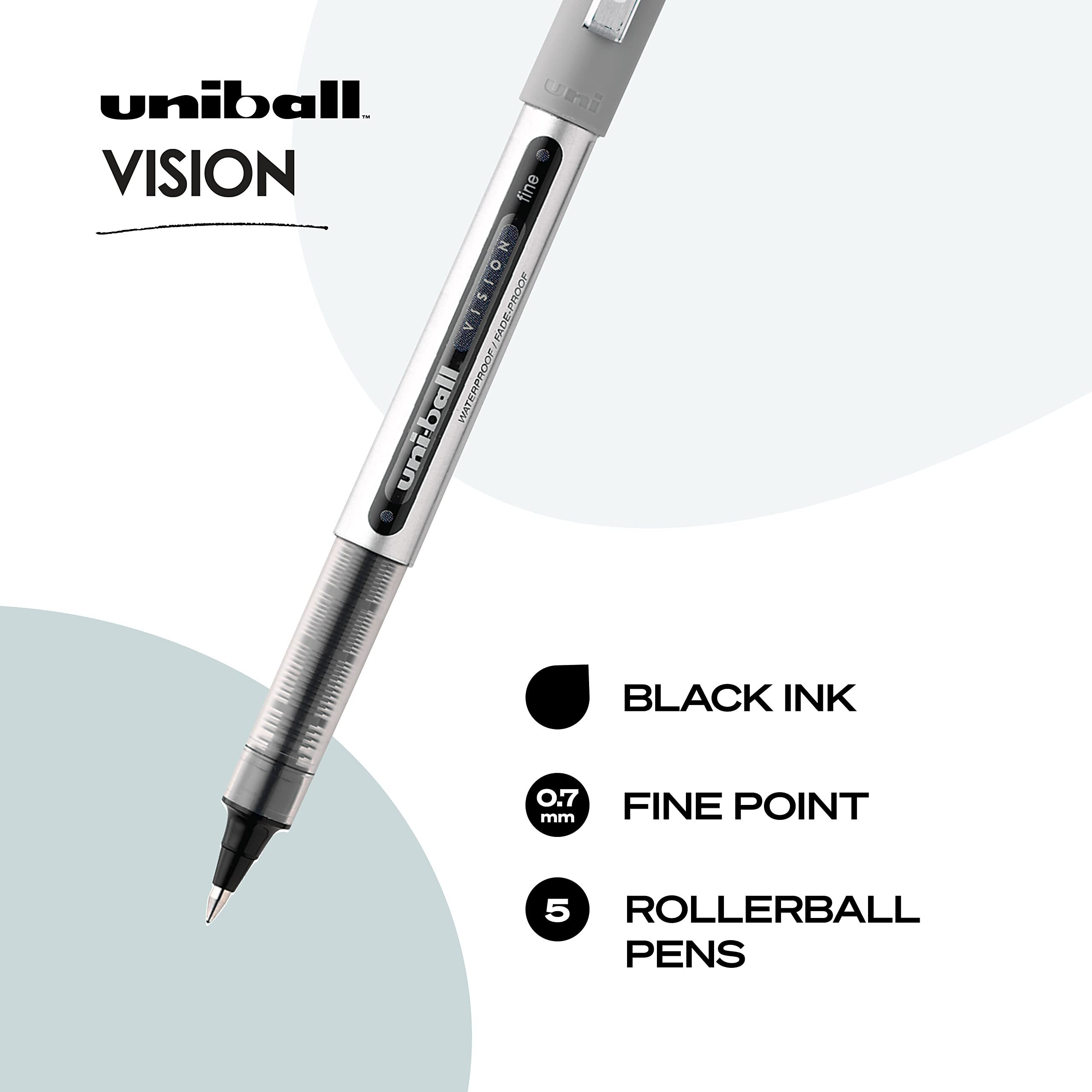 Uniball Vision Rollerball Pens, Black Pens Pack Of 5, Fine Point Pens With 0.7Mm Black Ink, Ink Black Pen, Pens Fine Point Smooth Writing Pens, Bulk Pens, And Office Supplies