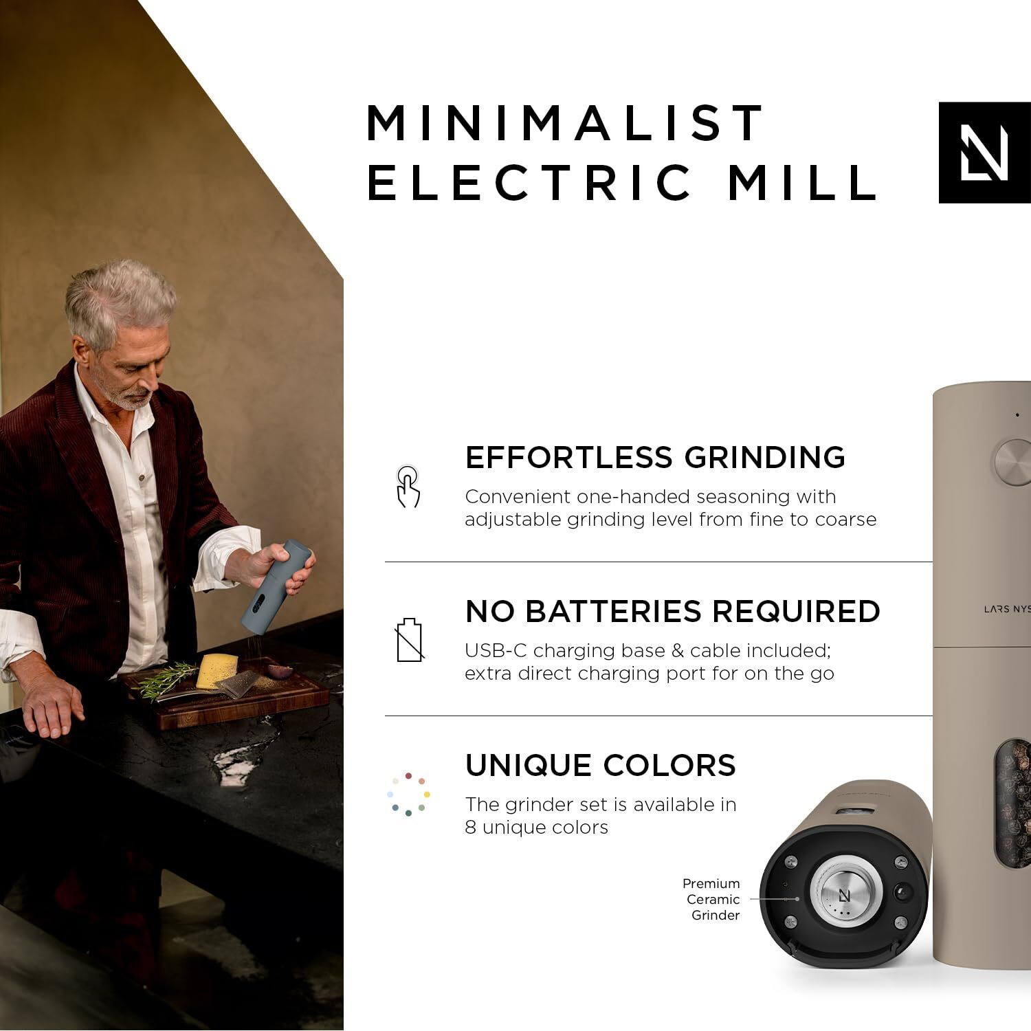 Lars Nysm Electric Salt And Pepper Grinder Set I Automatic Salt And Pepper Mills With Adjustable Ceramic Grinder I Usb Rechargeable Electric Spice Grinder Set (Greige)