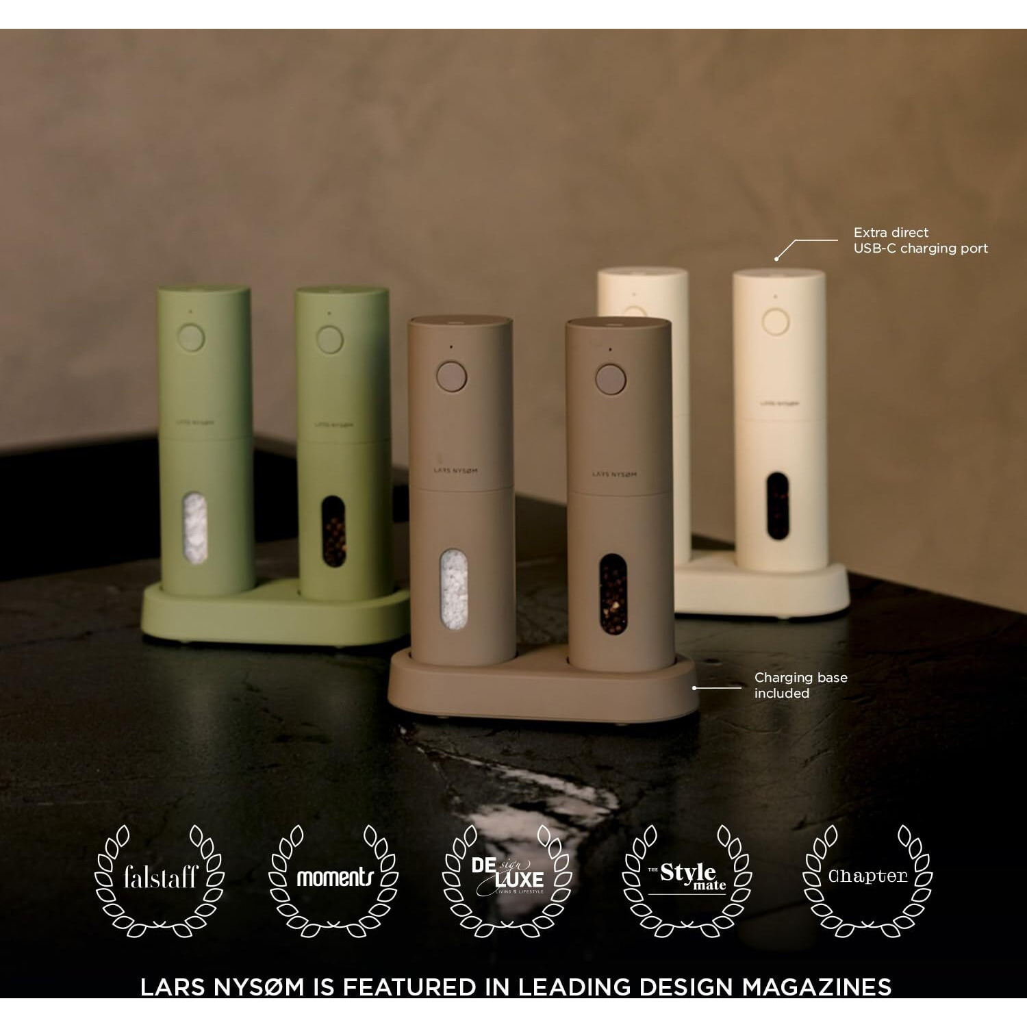 Lars Nysm Electric Salt And Pepper Grinder Set I Automatic Salt And Pepper Mills With Adjustable Ceramic Grinder I Usb Rechargeable Electric Spice Grinder Set (Greige)