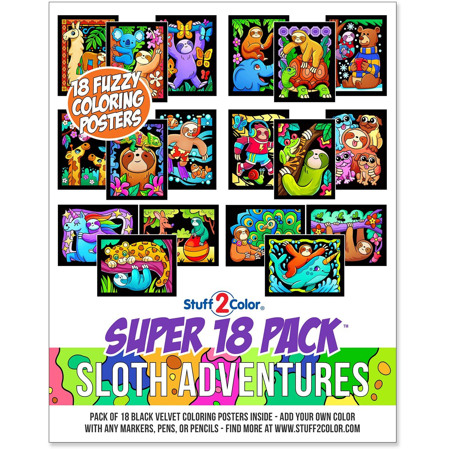 Stuff2Color Super Pack Of 18 Fuzzy Velvet Coloring Posters (Sloth Adventures) - Arts & Crafts For Girls And Boys - Great For After School, Travel, Planes, Group Activities, And Coloring With Friends