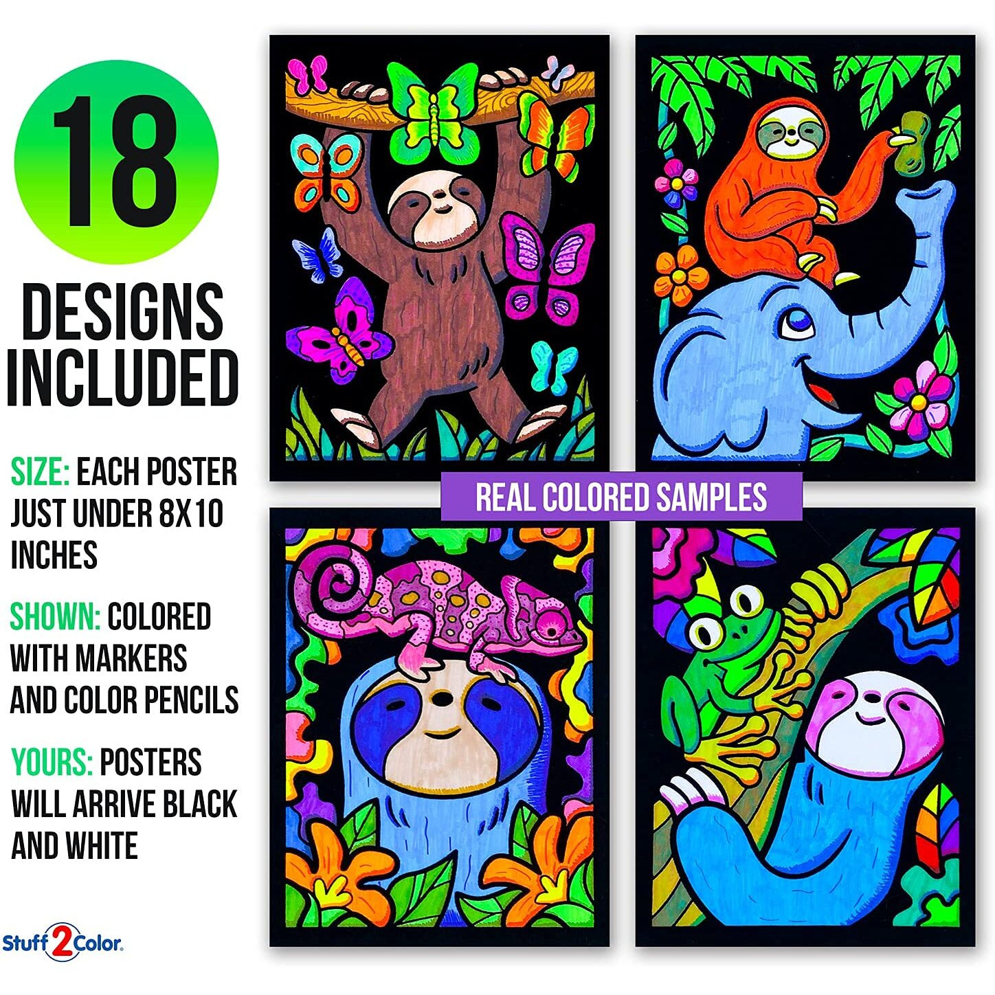 Stuff2Color Super Pack Of 18 Fuzzy Velvet Coloring Posters (Sloth Adventures) - Arts & Crafts For Girls And Boys - Great For After School, Travel, Planes, Group Activities, And Coloring With Friends