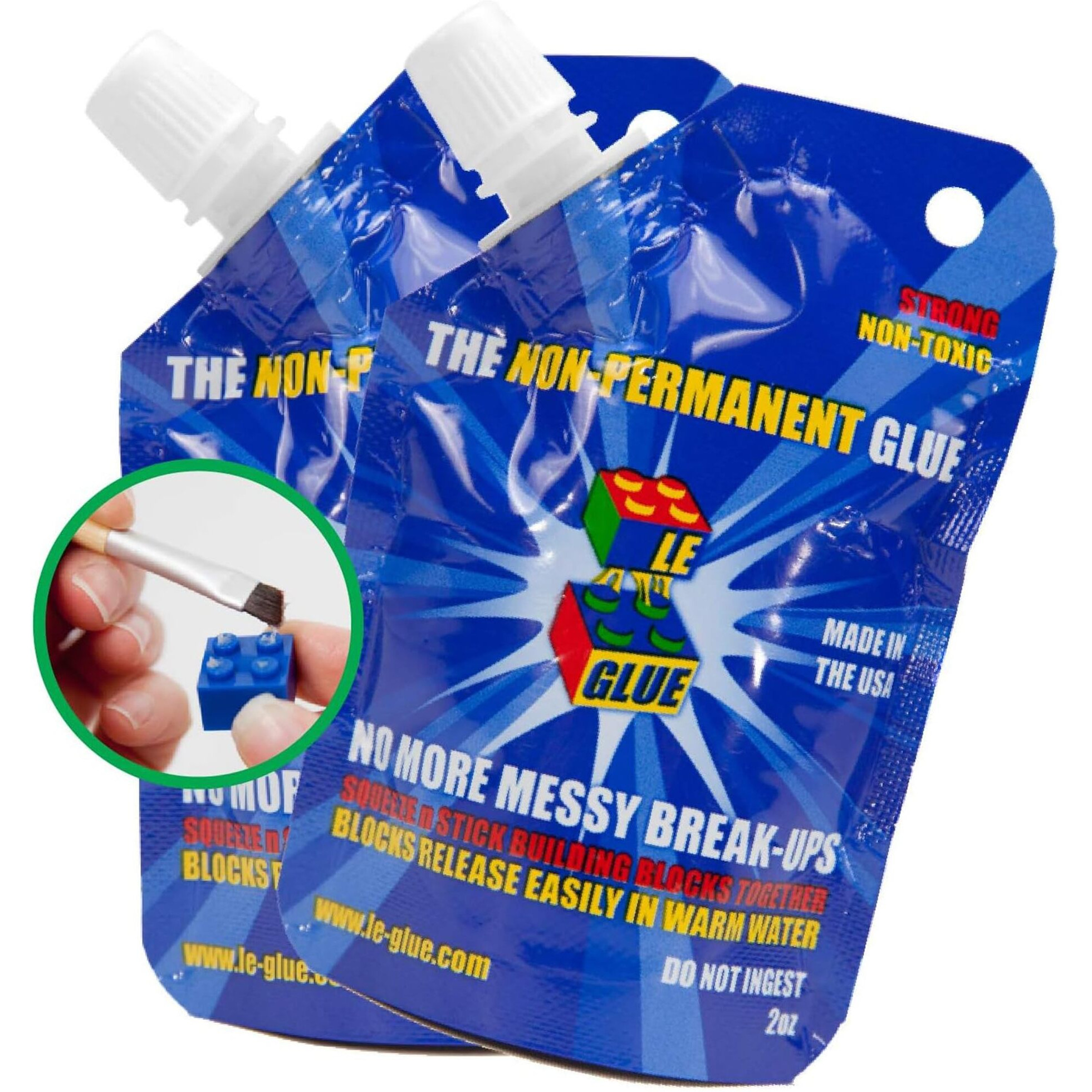 Le Glue Temporary Glue 2 Pack | Non-Permanent Clear Adhesive Glue For Plastic Building Blocks | No Messy Break-Ups | Non-Toxic Model Glue Formula | Seen On Shark Tank, Created For Kids, By A Kid