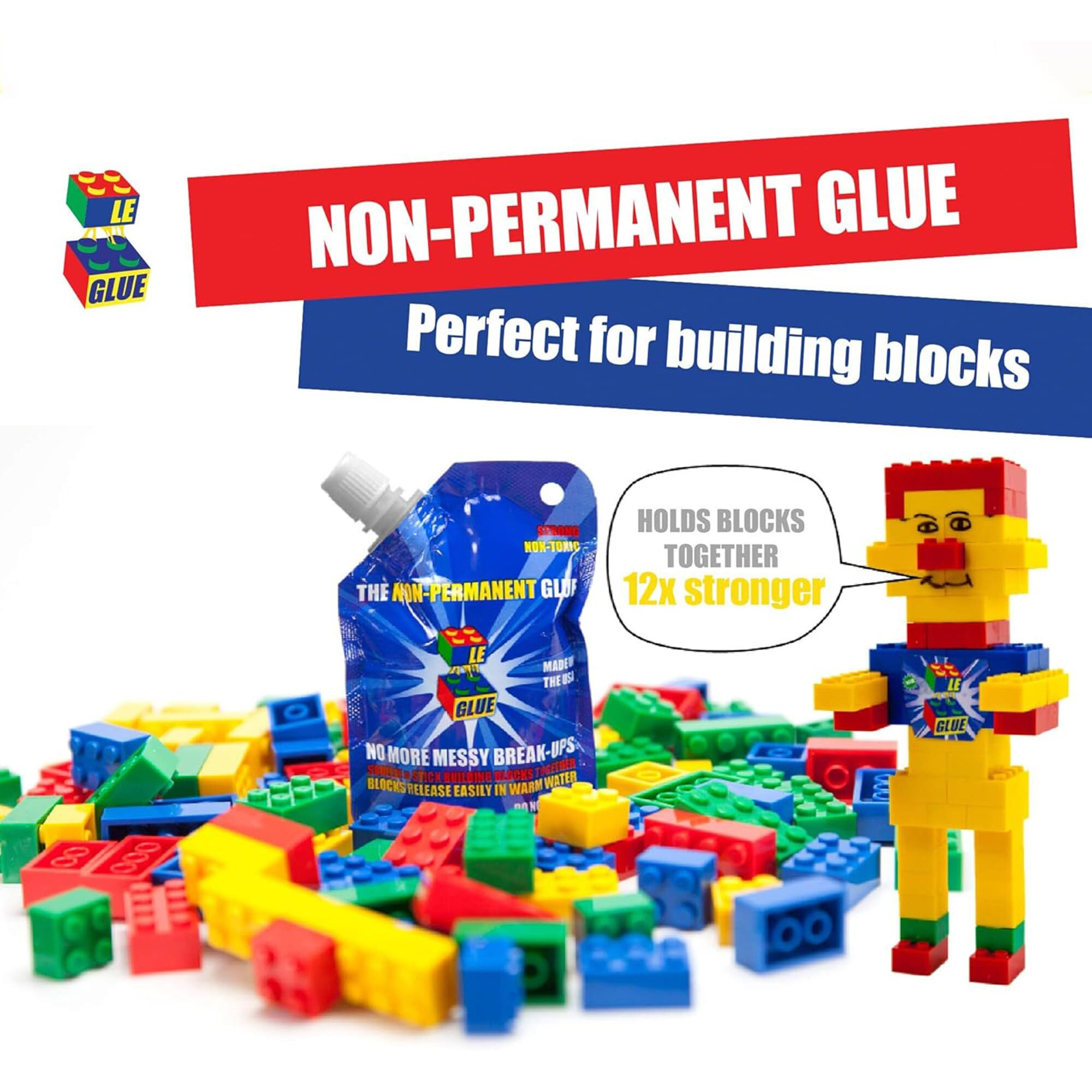 Le Glue Temporary Glue 2 Pack | Non-Permanent Clear Adhesive Glue For Plastic Building Blocks | No Messy Break-Ups | Non-Toxic Model Glue Formula | Seen On Shark Tank, Created For Kids, By A Kid
