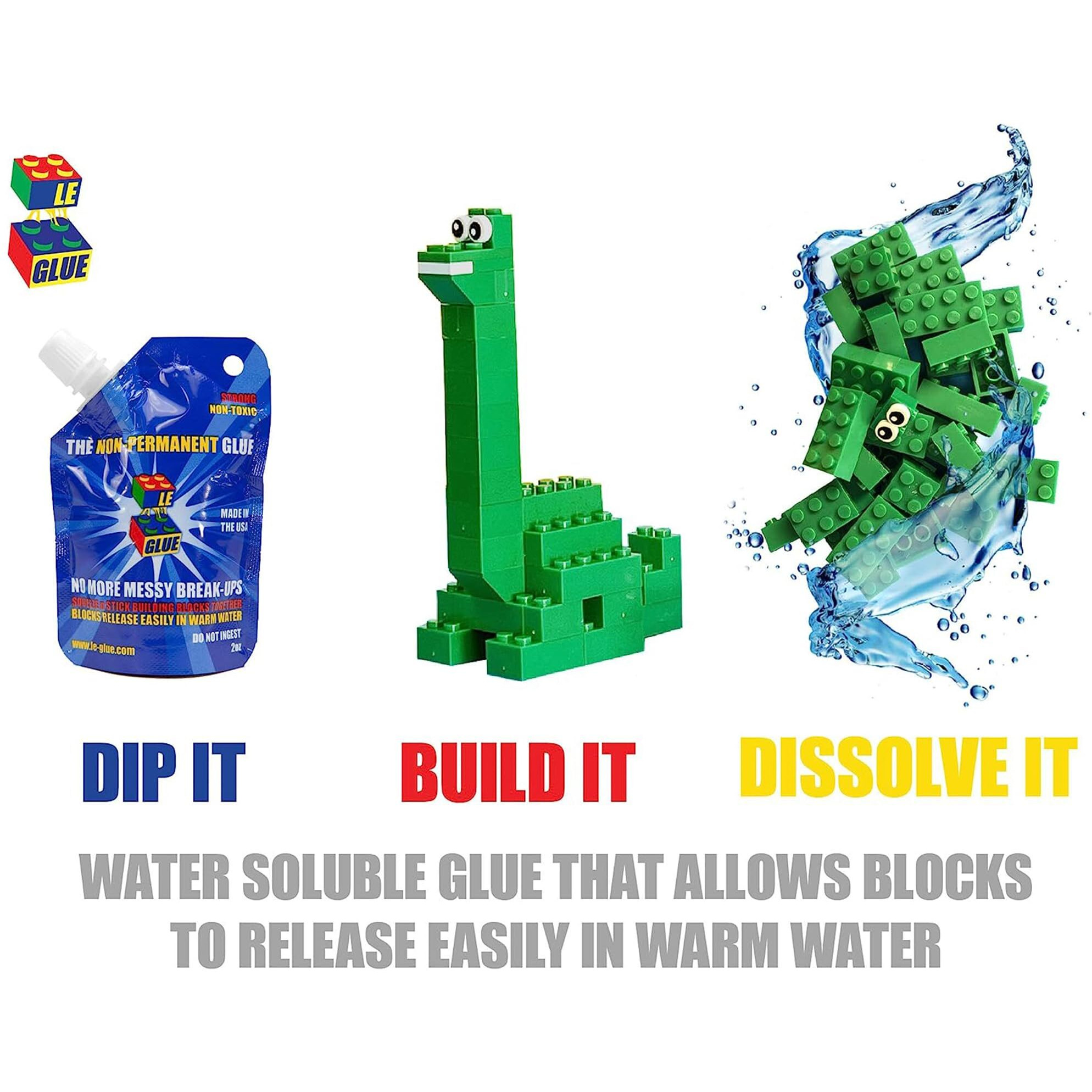 Le Glue Temporary Glue 2 Pack | Non-Permanent Clear Adhesive Glue For Plastic Building Blocks | No Messy Break-Ups | Non-Toxic Model Glue Formula | Seen On Shark Tank, Created For Kids, By A Kid