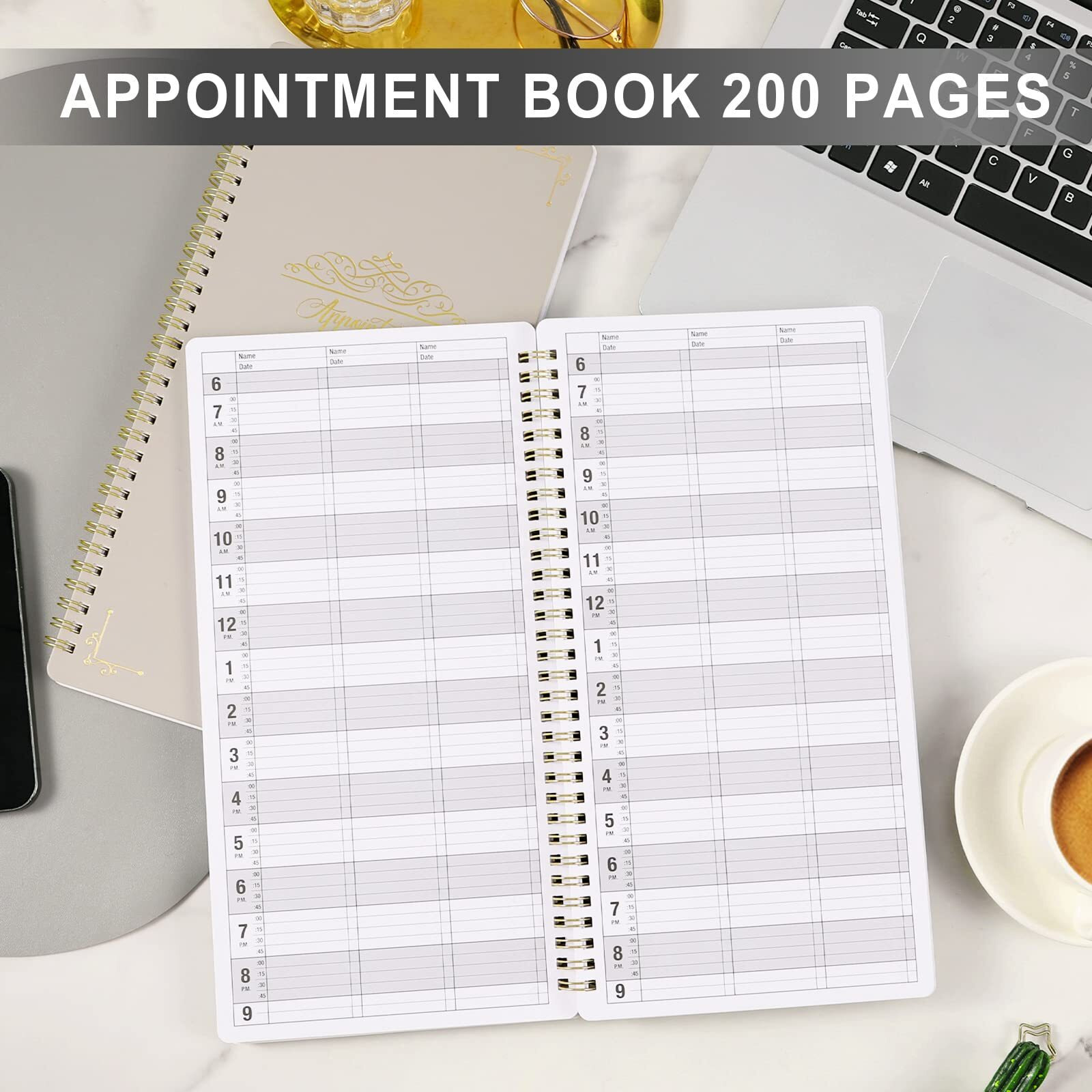 Appointment Book - Undated Salon Appointment Book, Daily&Hourly Schedule Book With 200 Pages, 6 Am - 9 Pm, 15 Minute Intervals Day Planner, 6 X 11.5, 3 Column, Twin-Wire Binding, Hardcover