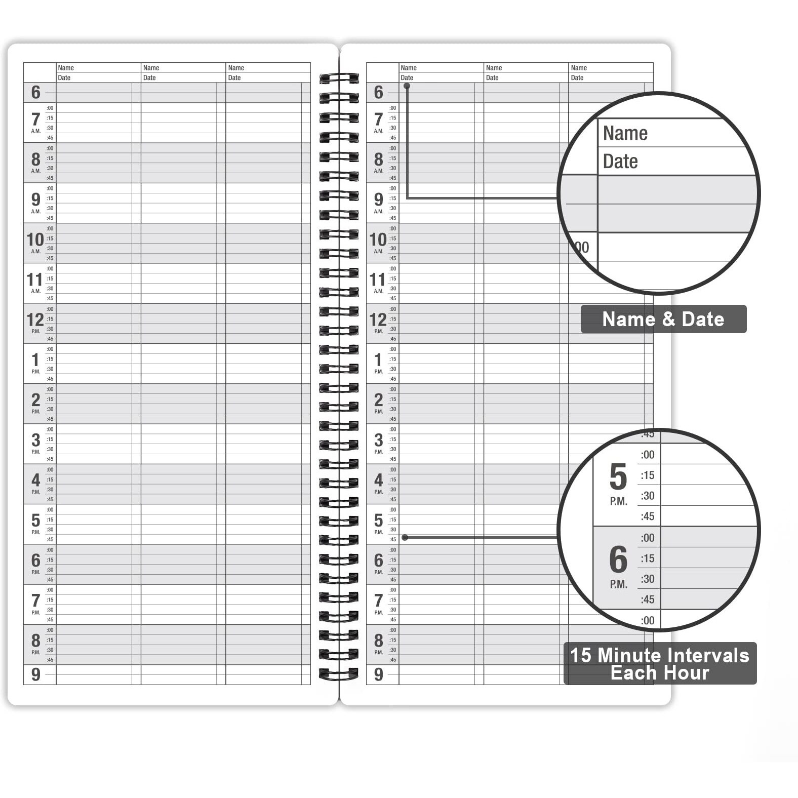Appointment Book - Undated Salon Appointment Book, Daily&Hourly Schedule Book With 200 Pages, 6 Am - 9 Pm, 15 Minute Intervals Day Planner, 6 X 11.5, 3 Column, Twin-Wire Binding, Hardcover