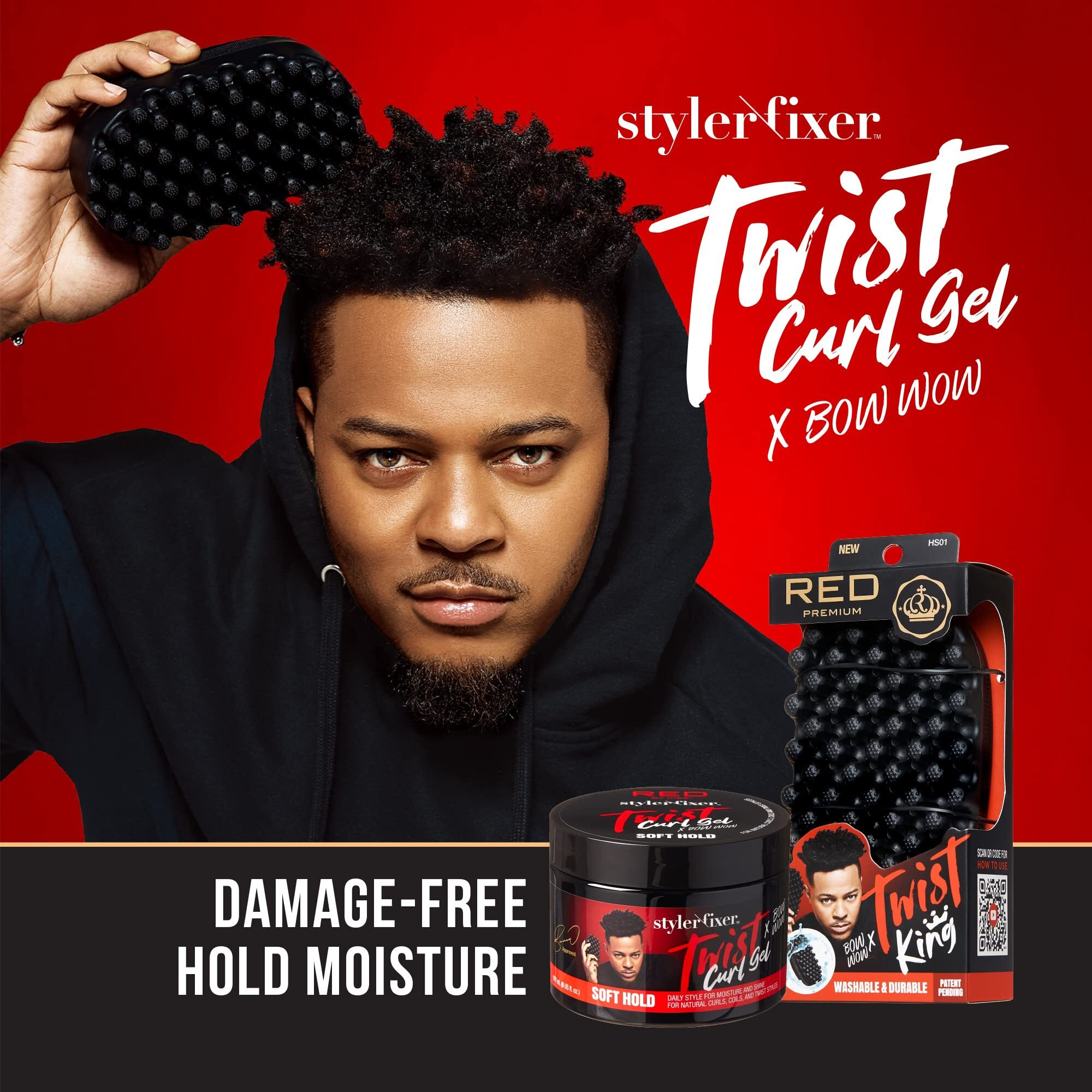 Red By Kiss X Bow Wow Styler Fixer Twist Curl Gel And Durable Twist Brush For Afro Curl, Soft Hold For Afro Hair, Ideal For 360 Waves & Twists, Nourished And Naturally Shiny (Value Set)