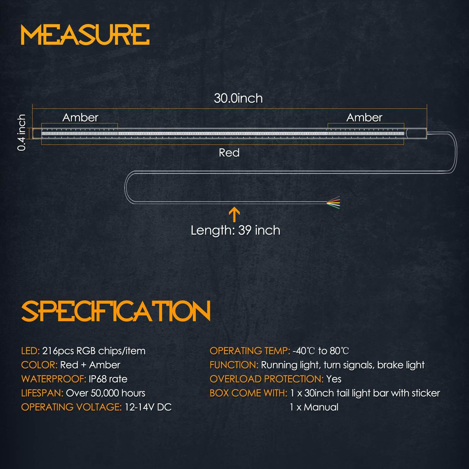 Nirider Utv Tail Light Strip, 30 Inch Rear Light Bar Tailgate Light W/Turn Signal Brake Backup Light For Utv Rzr Polaris Ranger Can-Am Truck Wrangler Trailer Atv Golf Cart 4X4 Off Road - Red Amber