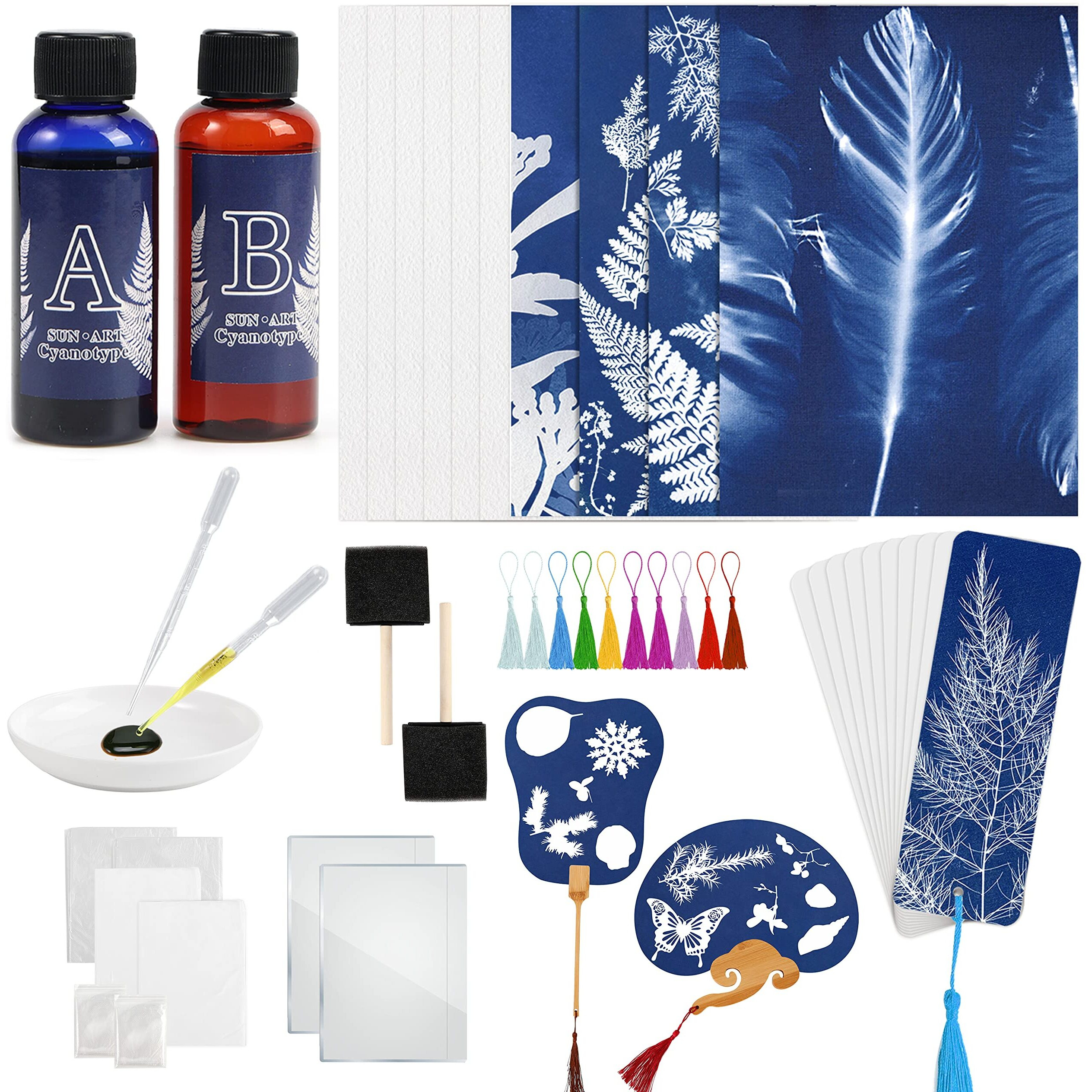 Csyidio Cyanotype Kit Include 2 Component Sensitizer Set, 40 Sheets A5 Paper Brush Tools And Instructions Sun Print Nature Printing Kit For Photographic Blueprints Diy Arts Crafts Projects