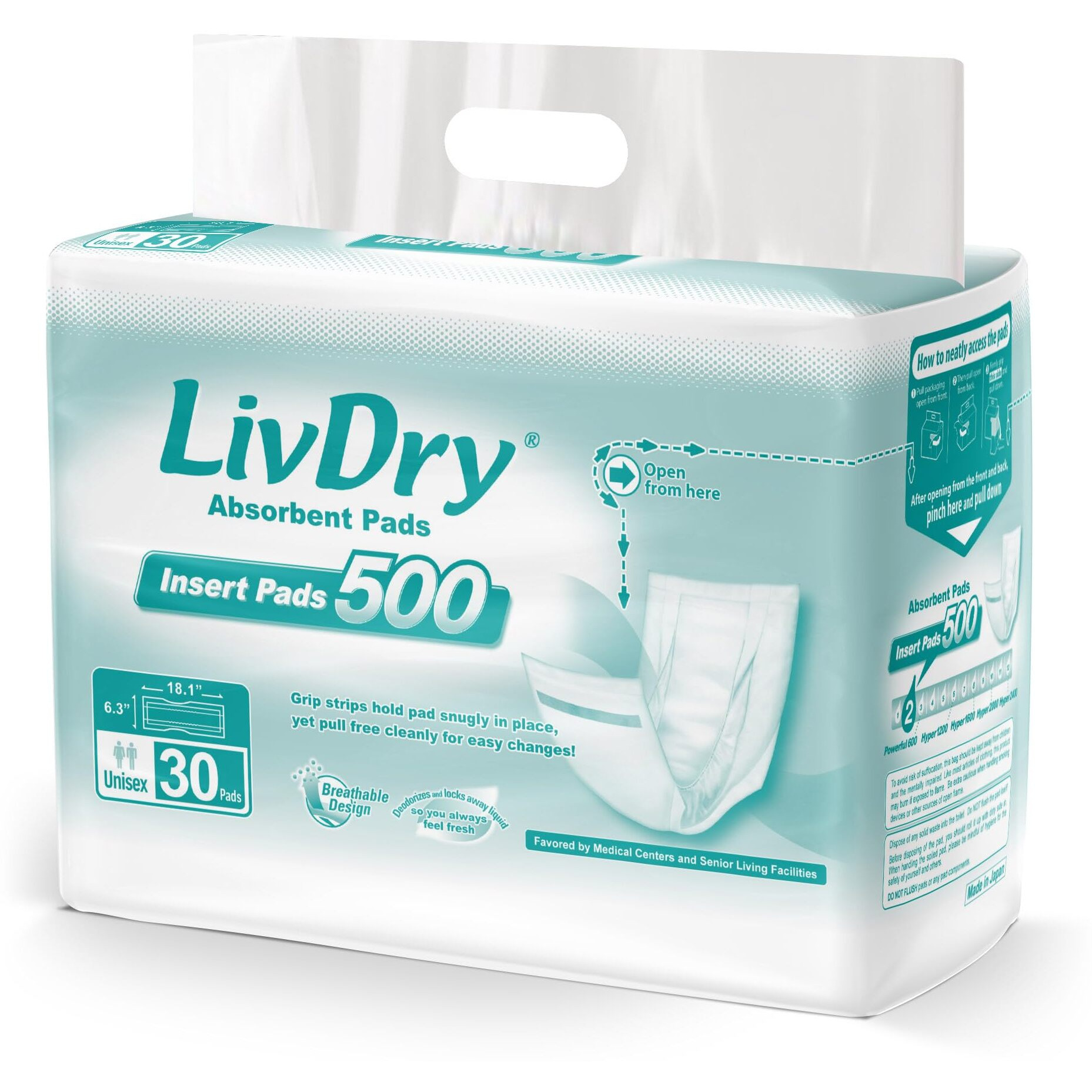 Livdry Incontinence Pads For Women And Men, Long Length Insert, Extra Absorbency With Odor Control (30 Count)