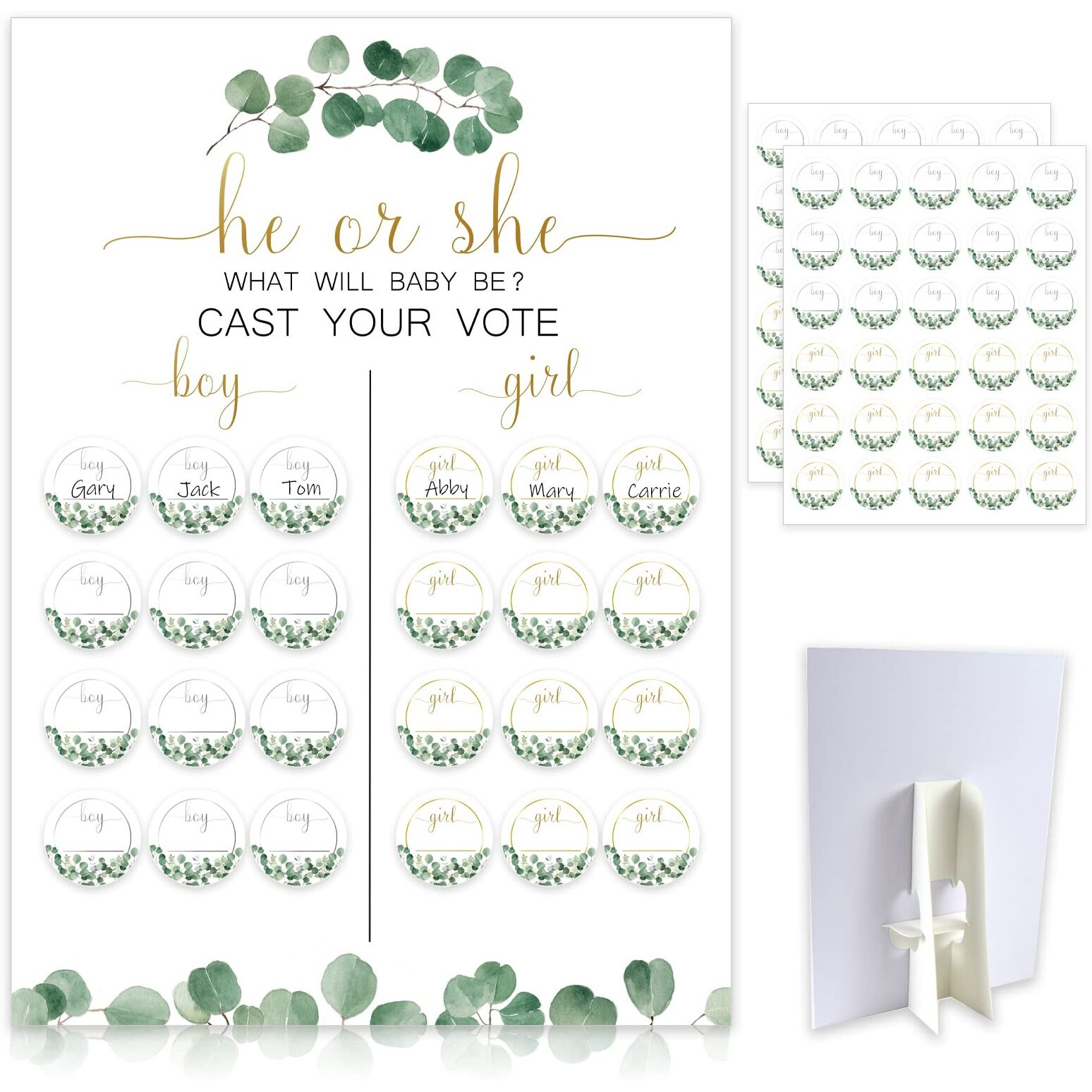 Greenery Baby Gender Reveal Board With Stand(12X17), 60 Eucalyptus Leaf Boy Girl Voting Stickers,He Or She, Cast Your Vote Game, Sage Green Neutral Gender Reveal Party Centerpiece Decorations