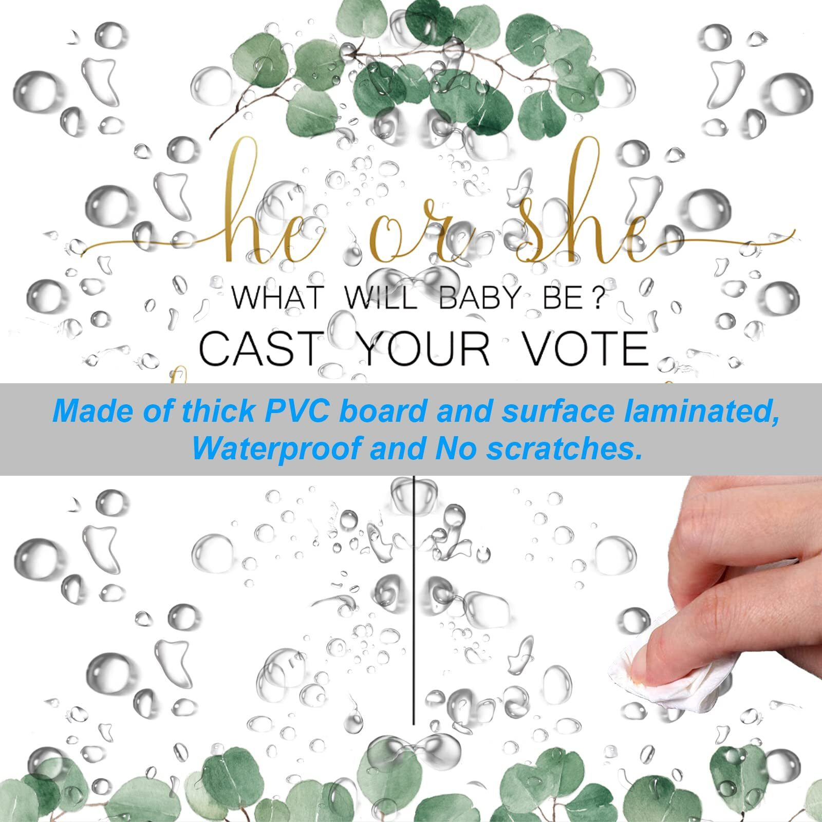 Greenery Baby Gender Reveal Board With Stand(12X17), 60 Eucalyptus Leaf Boy Girl Voting Stickers,He Or She, Cast Your Vote Game, Sage Green Neutral Gender Reveal Party Centerpiece Decorations