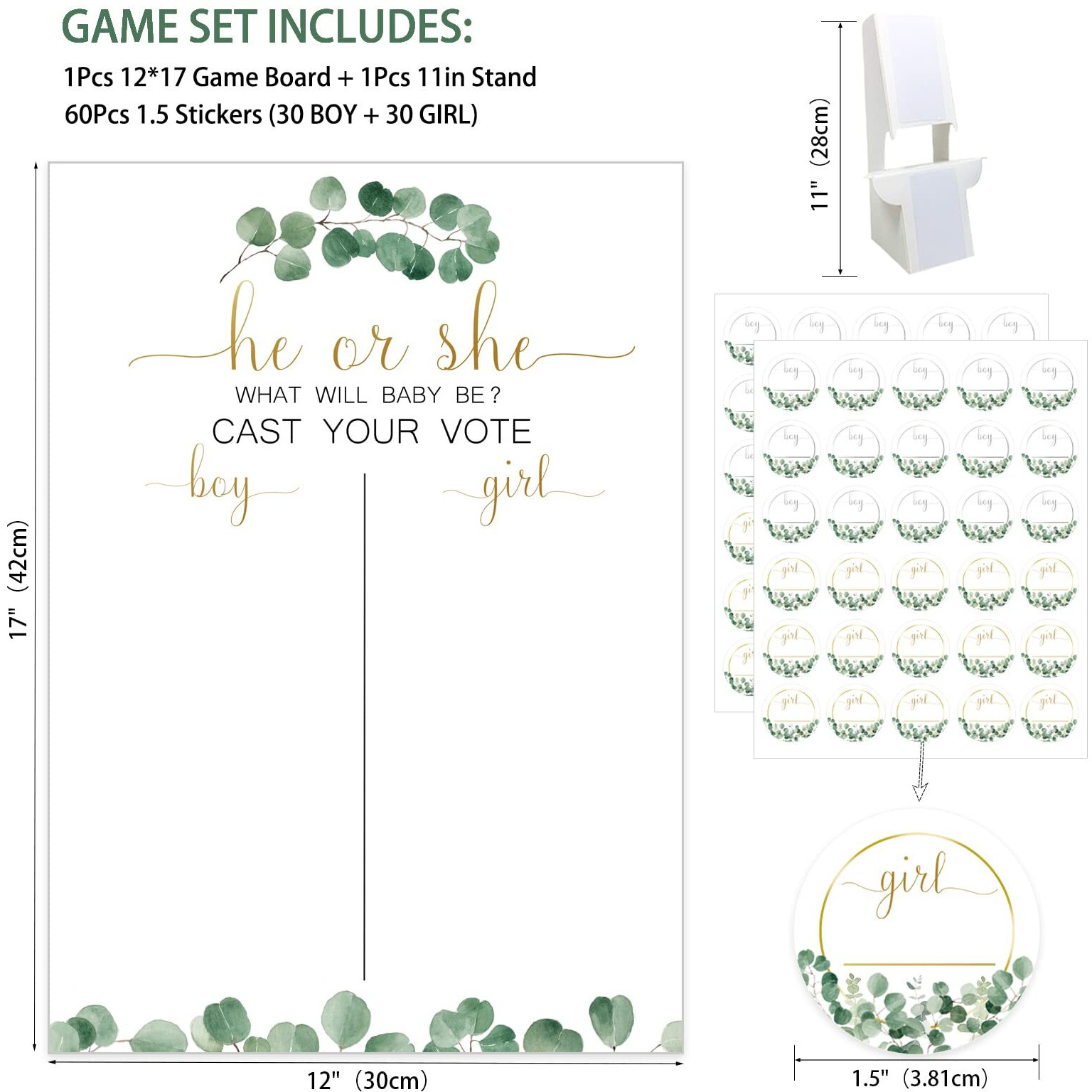 Greenery Baby Gender Reveal Board With Stand(12X17), 60 Eucalyptus Leaf Boy Girl Voting Stickers,He Or She, Cast Your Vote Game, Sage Green Neutral Gender Reveal Party Centerpiece Decorations