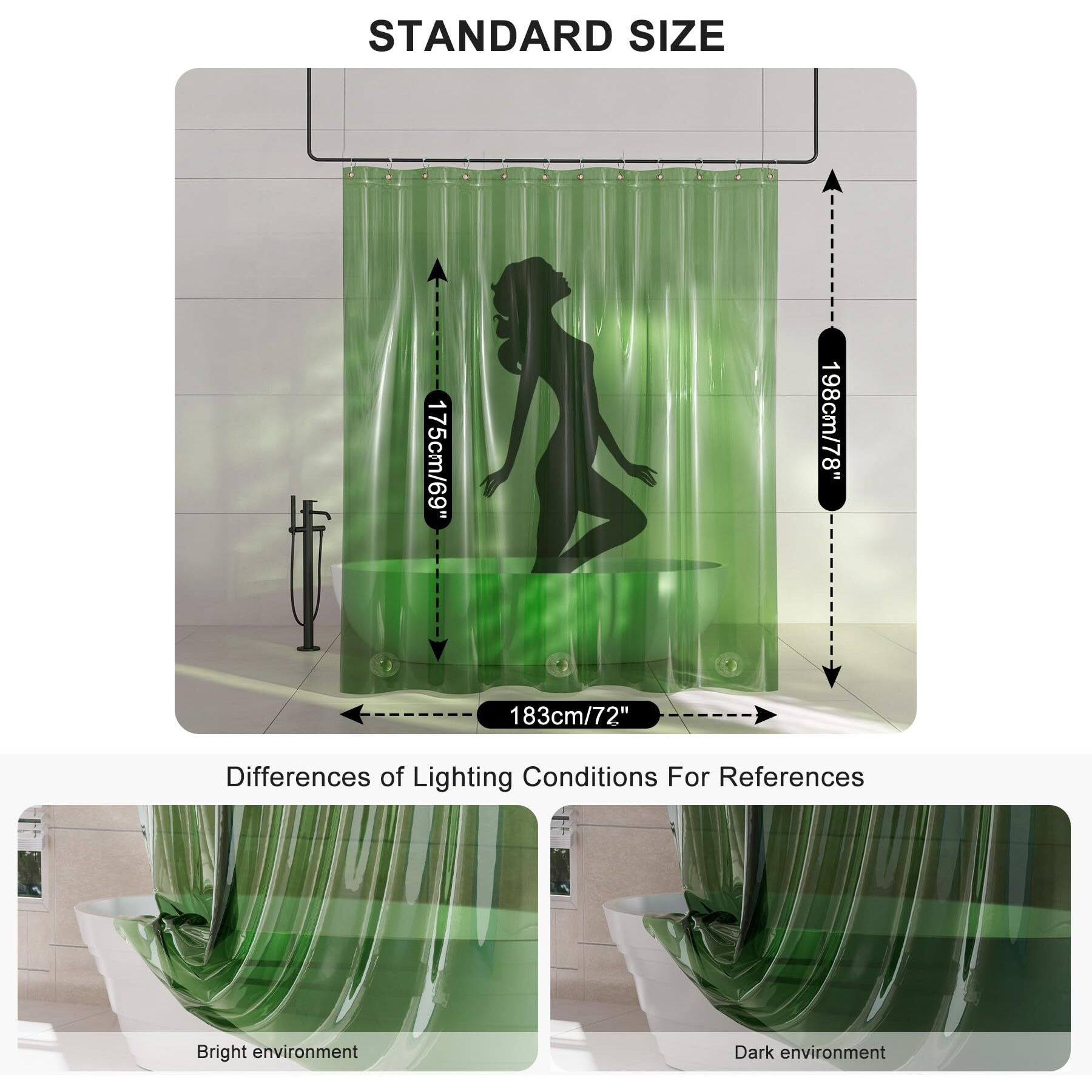 Amazerbath Long Shower Curtain Liner, 100% Eva Soft Clear Green Heavy Duty 78 Inch Shower Curtain And Liner 2-In-1, 72X78 Plastic Bathroom Shower Curtain, 12 Rustproof Grommets & 3 Weighted Stones