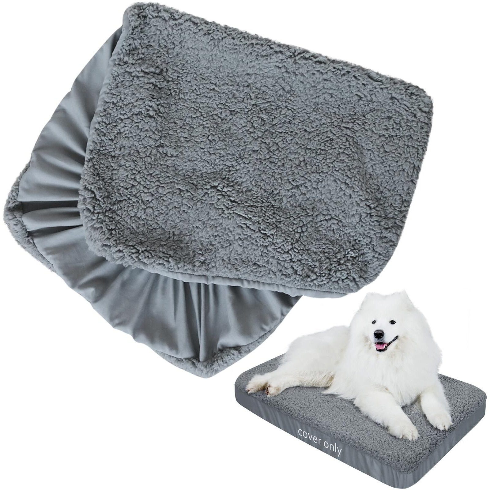 Dog Bed Covers Soft Plush Replacement Washable, Waterproof Pet Mattress Bed Liner Grey 44X35 Inches, For Dog/Cat, Cover Only
