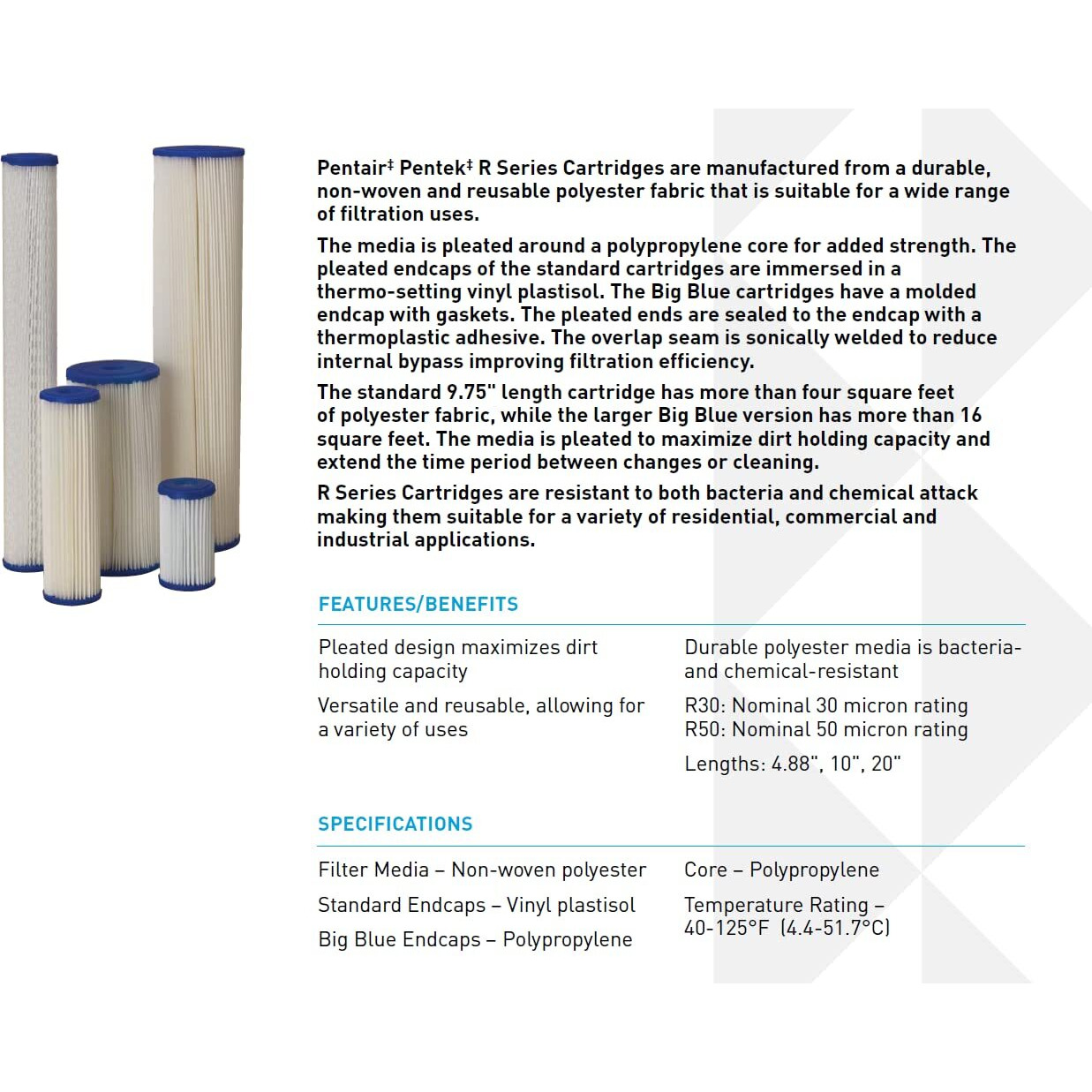 Pentair Pentek R30-Bb Big Blue Sediment Water Filter, 10-Inch, Whole House Pleated Polyester Filter Cartridge, 10" X 4.5", 30 Micron, Pack Of 8, White