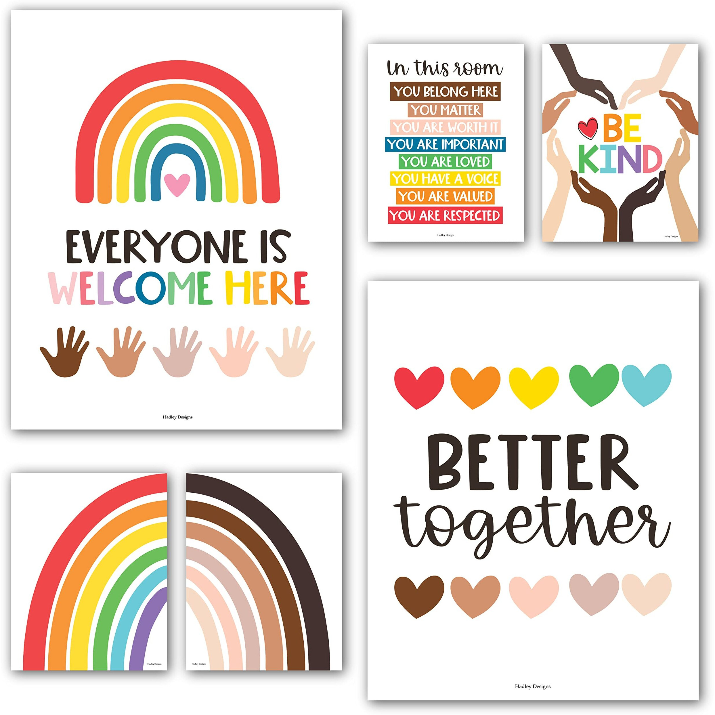 Hadley Designs 6 Rainbow Diversity Posters For Classroom, Everyone Is Welcome Here Sign, Safe Space Poster For Diversity Classroom Decor, Teacher Posters For Lgbtq Room Decor