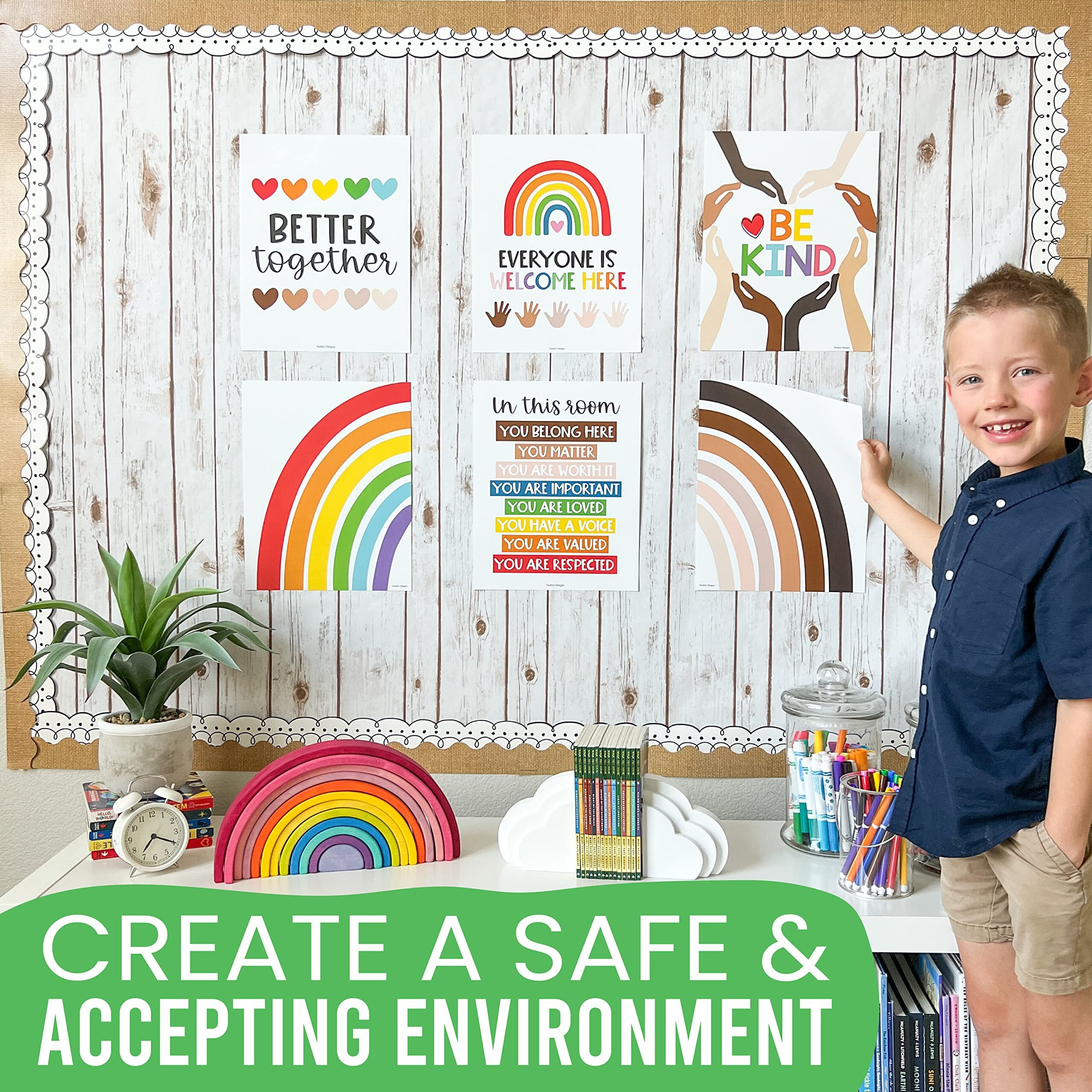 Hadley Designs 6 Rainbow Diversity Posters For Classroom, Everyone Is Welcome Here Sign, Safe Space Poster For Diversity Classroom Decor, Teacher Posters For Lgbtq Room Decor