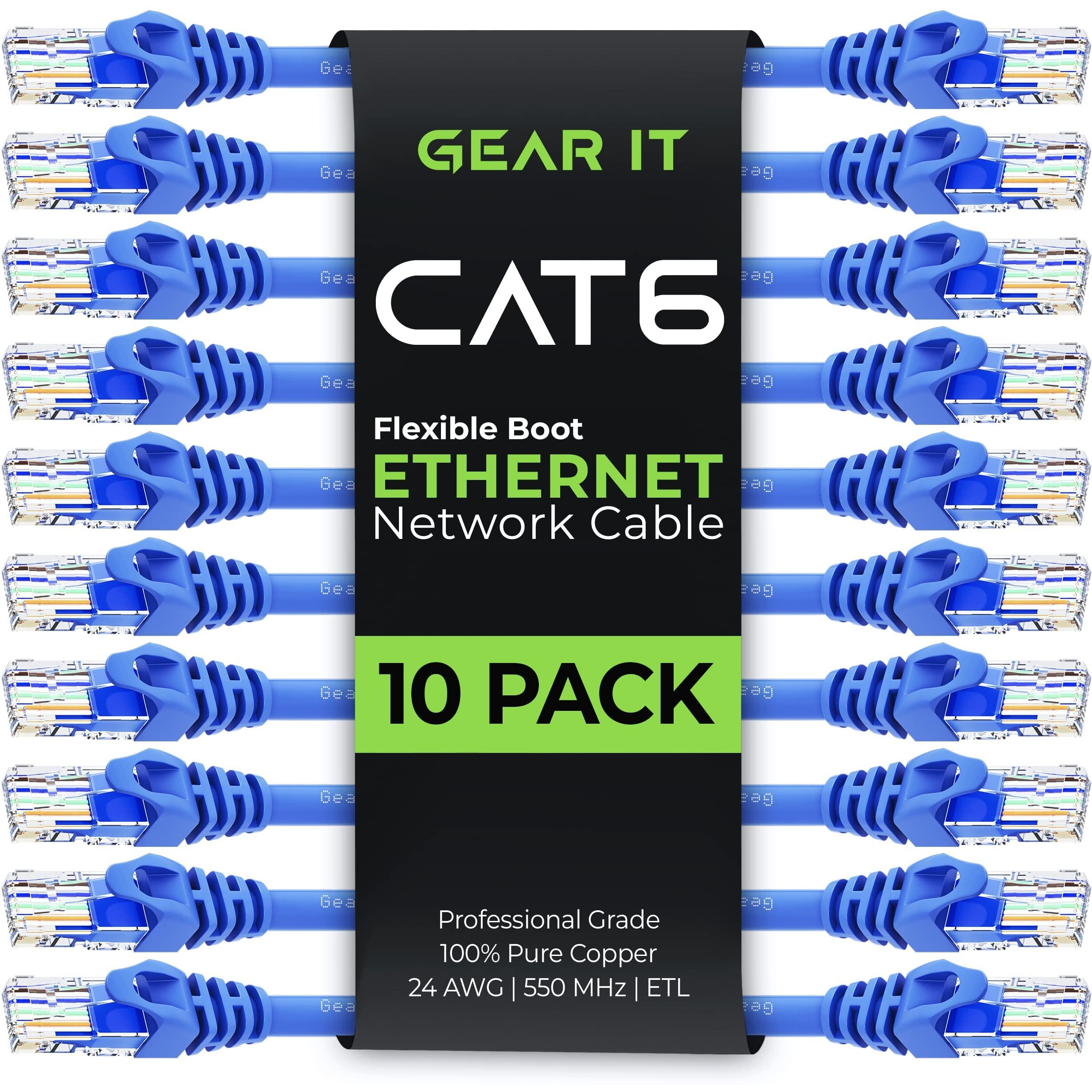 Gearit 10-Pack Cat6 Patch Cable 1 Foot Cat 6 Ethernet Cable Snagless Flexible Soft Tab - Preimum Series - Blue