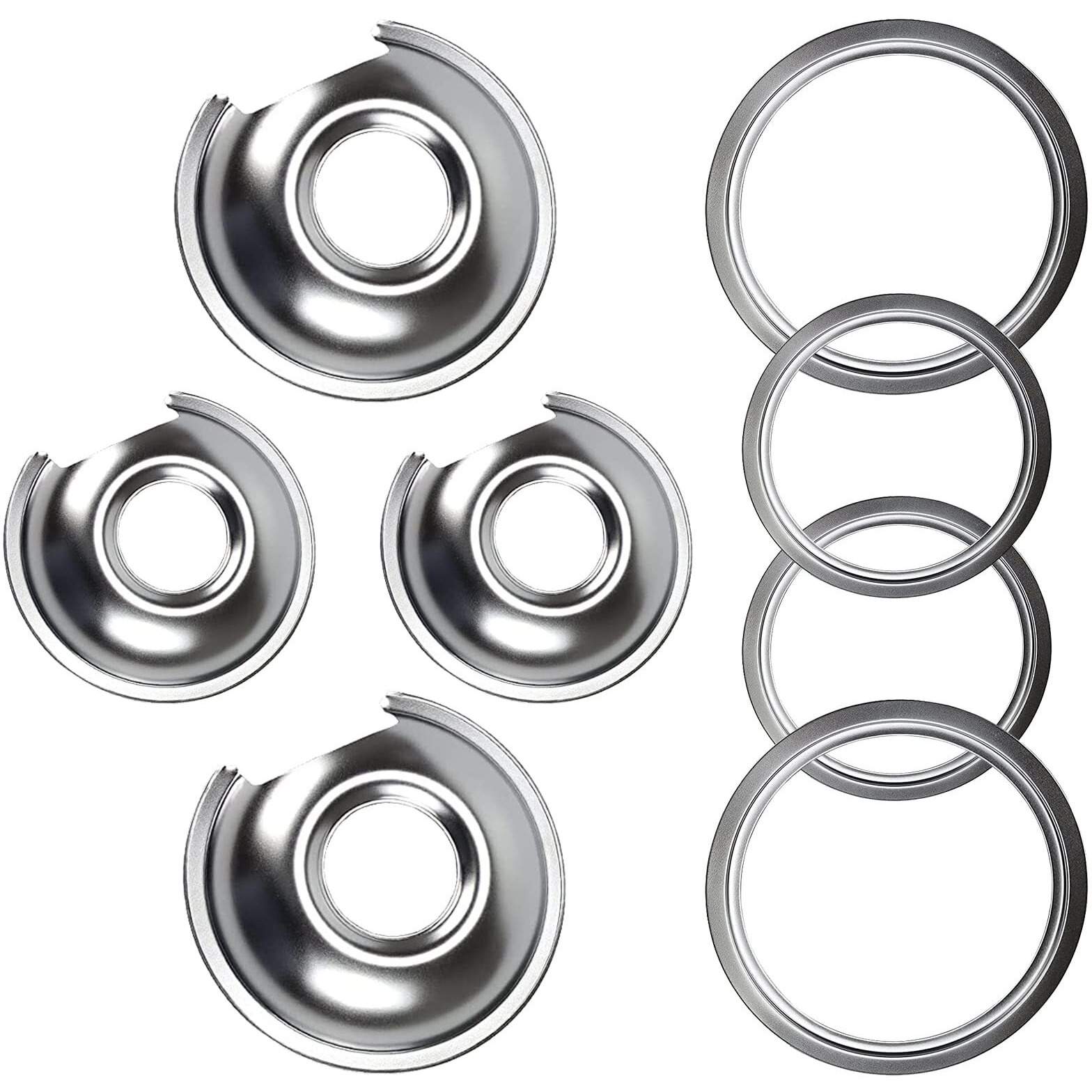 Burner Drip Bowl 2 Large 8'' Wb32X10013 & 2 Small 6'' Wb32X10012 Chrome Drip Pan Set 4-Pack Fits For Ge Electric Range By Appliancemates Replacement Parts (2) 6" Pan/Ring & (2) 8" Pan/Ring