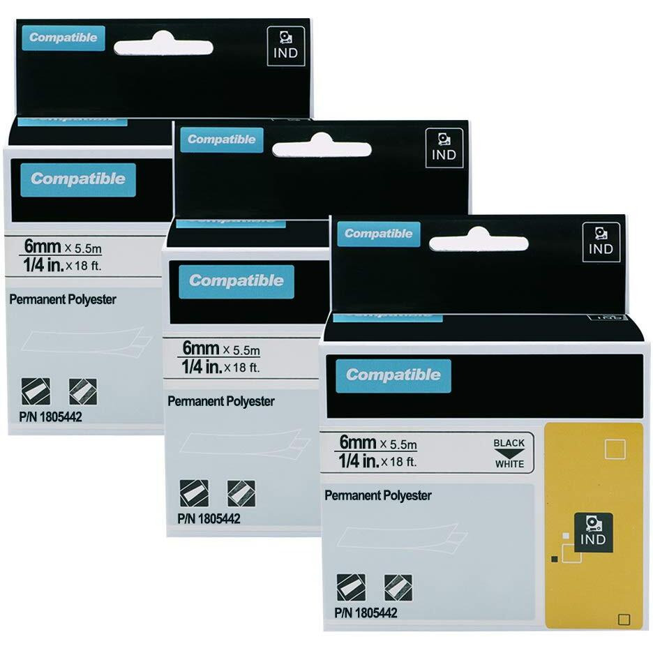 Aonomi Compatible Industrial Label Tape Replacement For Dymo 1805442 Permanent Polyester Label Tapes For Dymo Rhino 3000, 4200, 5000, 5200, 6000 Label Maker, Black On White, 1/4&quotX 18',3-Pack