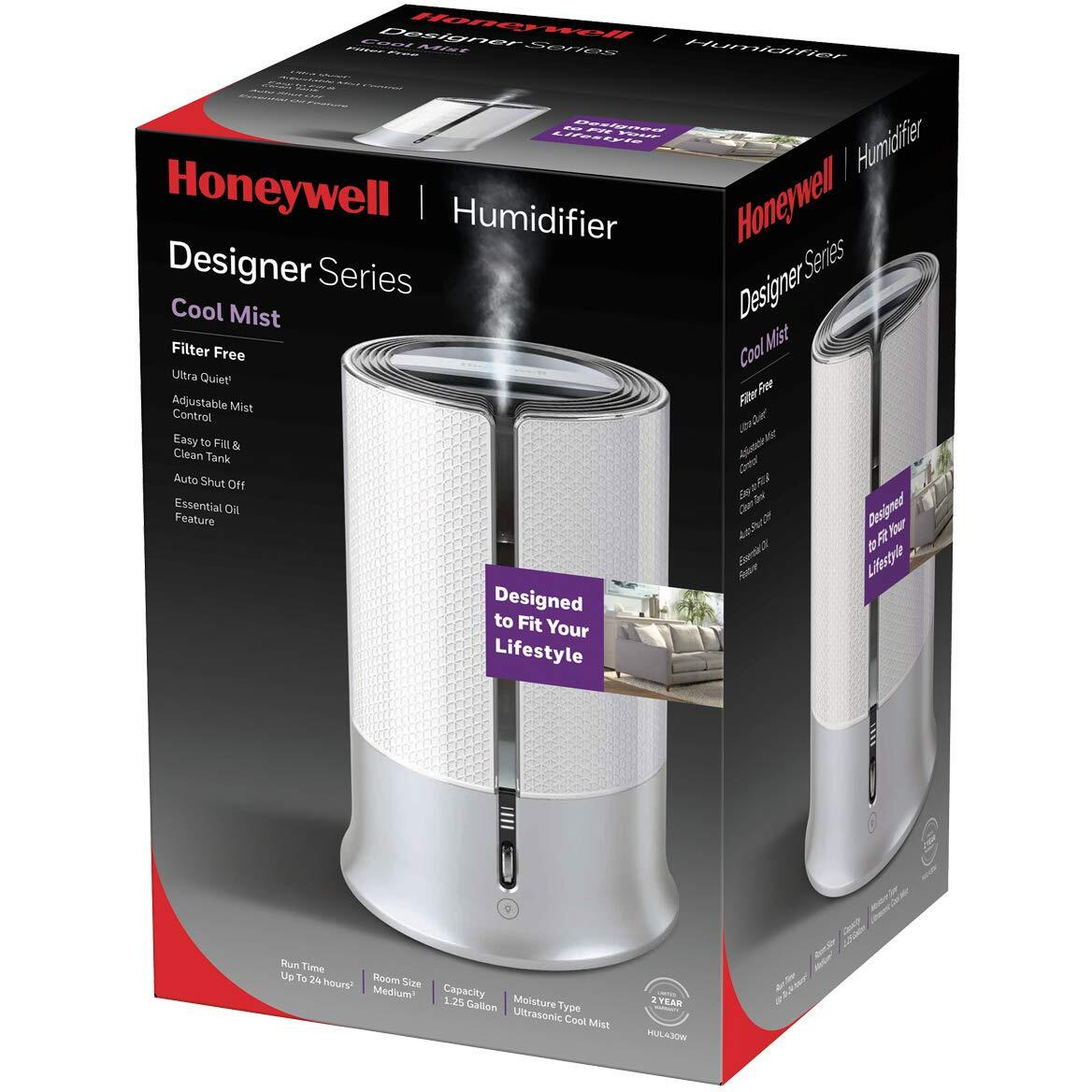 Honeywell Designer Series Cool Mist Humidifier For Medium Room, Bedroom, Kids Room, Or Nursery. Ultra-Quiet, Auto Shut Off, Easy To Fill And Clean - White, Hul430W