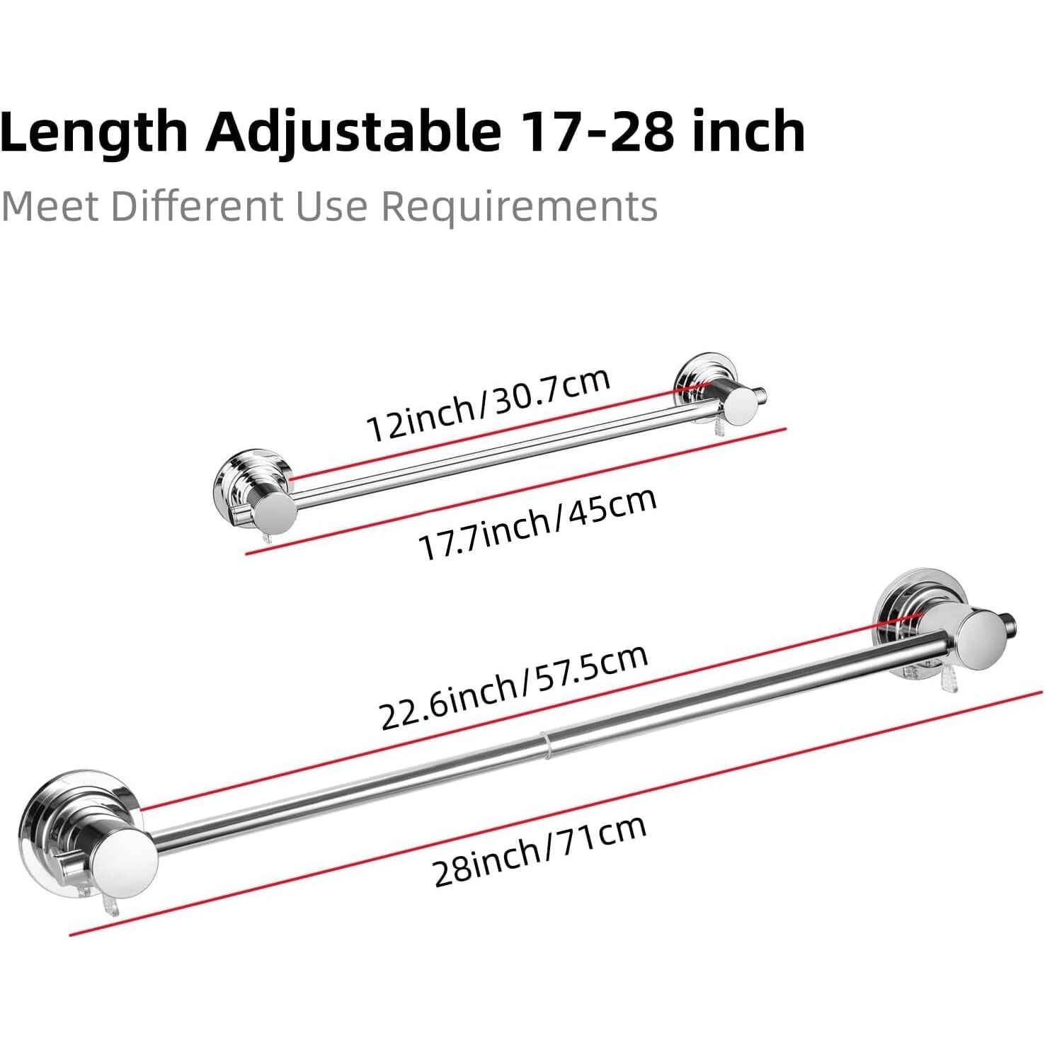 Jiepai Extendable 18-30 Inch Suction Cup Towel Bar,Bath Shower Towel Holder Shower Door Adhesive Towel Bar Suction Towel Rack (Suction Cup, Chrome)