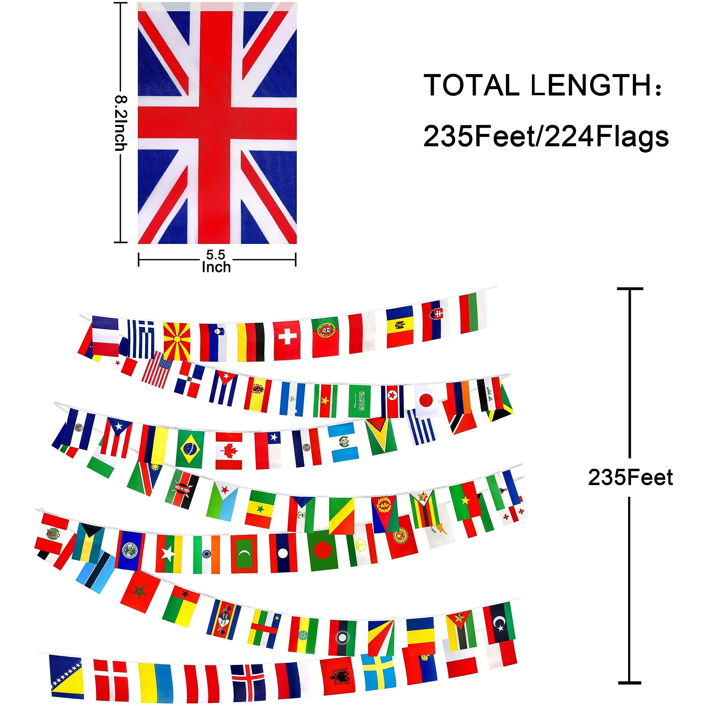 Consummate 224 Countries International World String Flags Banner Set Small Mini National Bunting Flags,All Countries Flags For Olympic,Bar,Sports Clubs,School Festivals Decorations,235 Feet