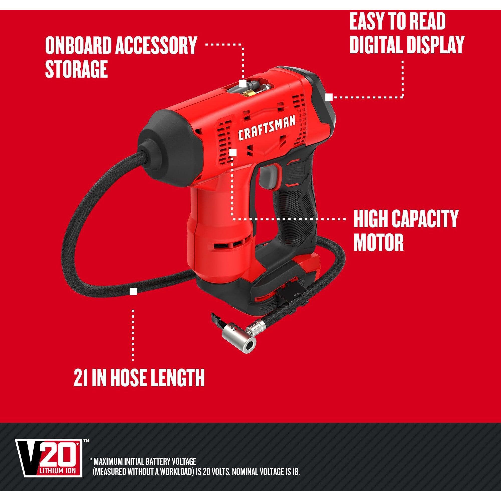 Craftsman V20 Cordless Tire Inflator, Up To 150 Psi, With Digital Pressure Gauge, Bare Tool Only (Cmce521B)