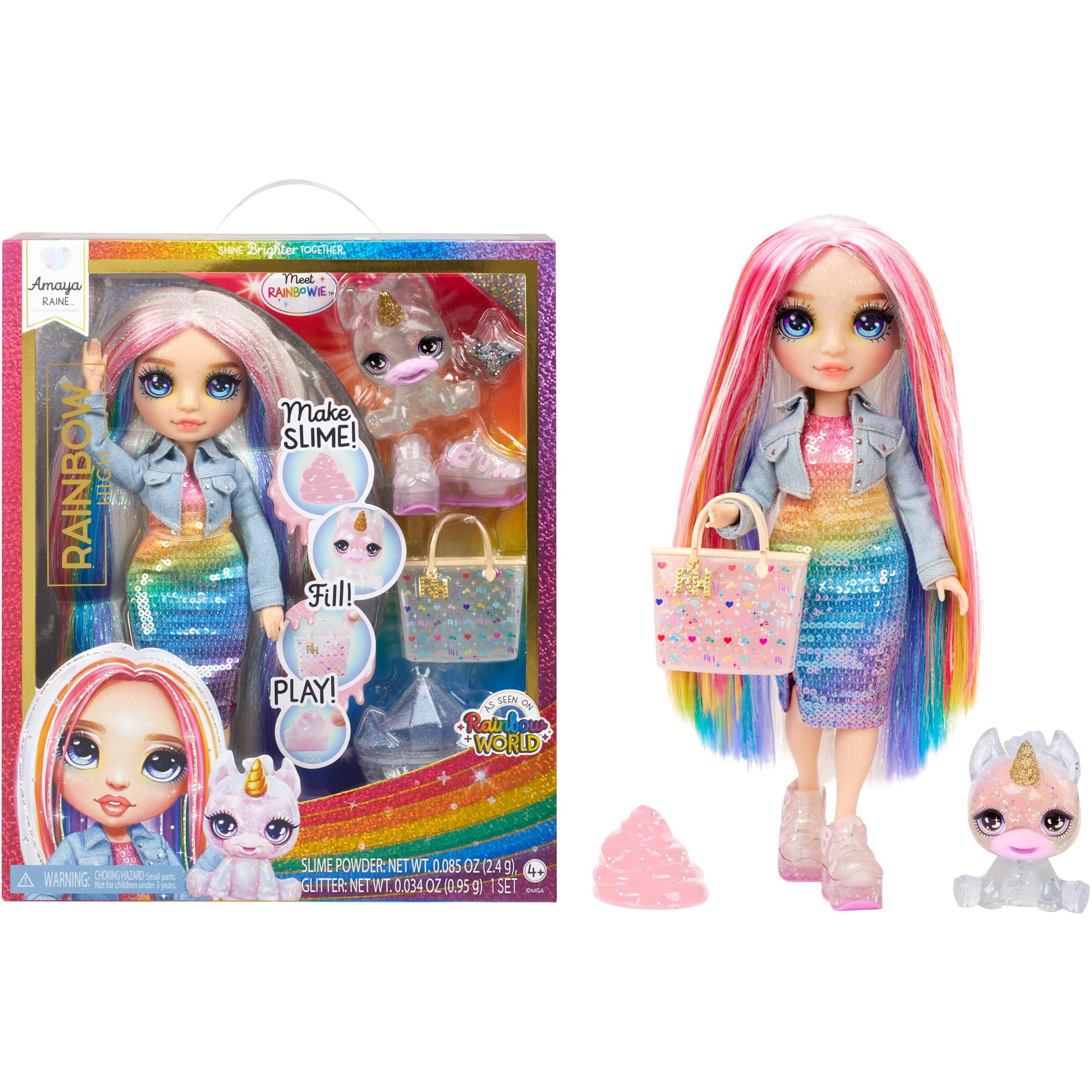 Rainbow High Amaya, Rainbow With Slime Kit & Pet, 11" Shimmer Posable Fashion Doll With Diy Sparkle Slime, Magical Yeti Pet, Fun Play Accessories, Great Toy Gift For Girls Kids Ages 4-12 Years