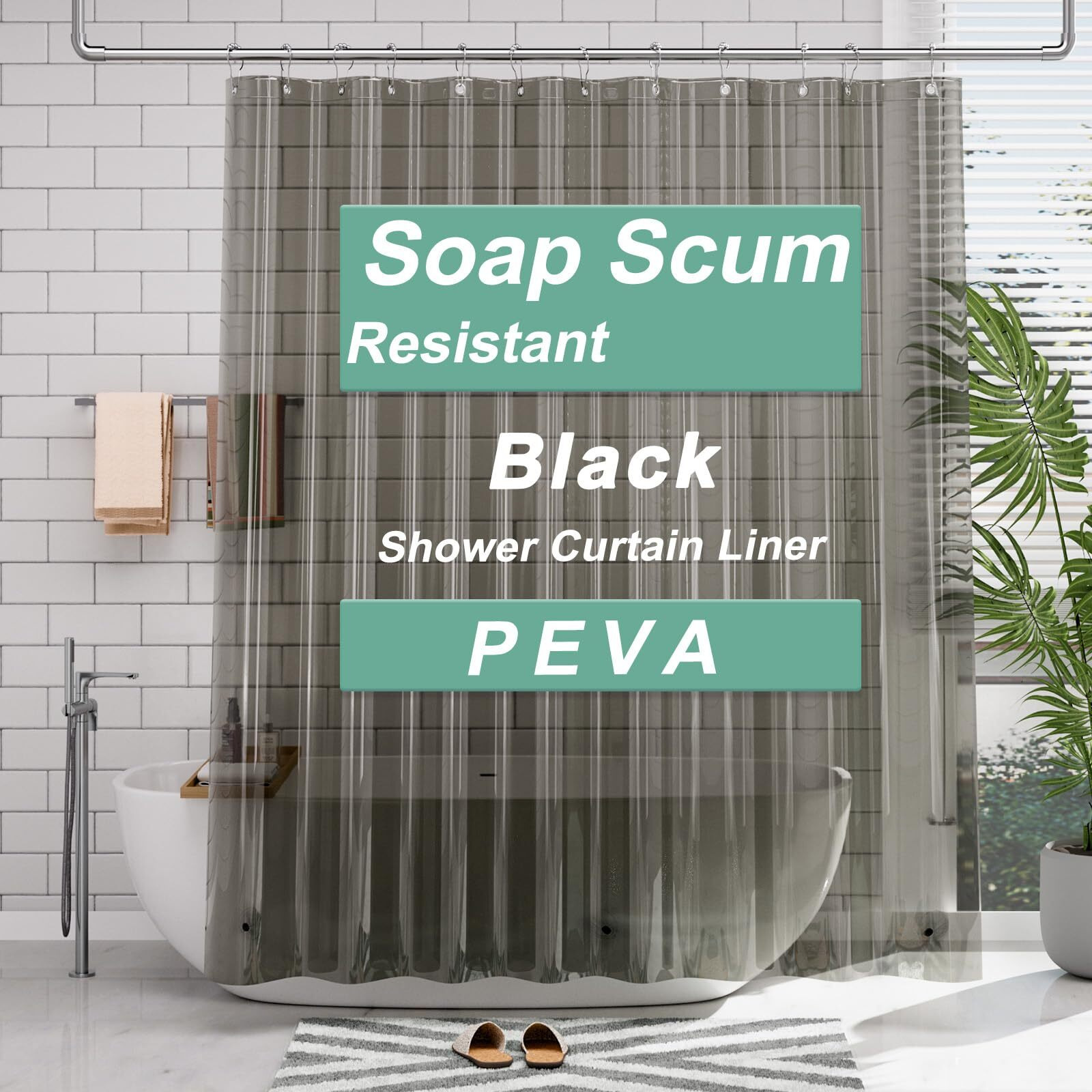 Amazerbath Shower Curtain Liner, 72X72 Transparent Black Shower Curtain Liner, Lightweight Plastic Shower Curtain Liner, Peva Waterproof Shower Liner For Bathroom With 3 Magnets And 12 Grommets
