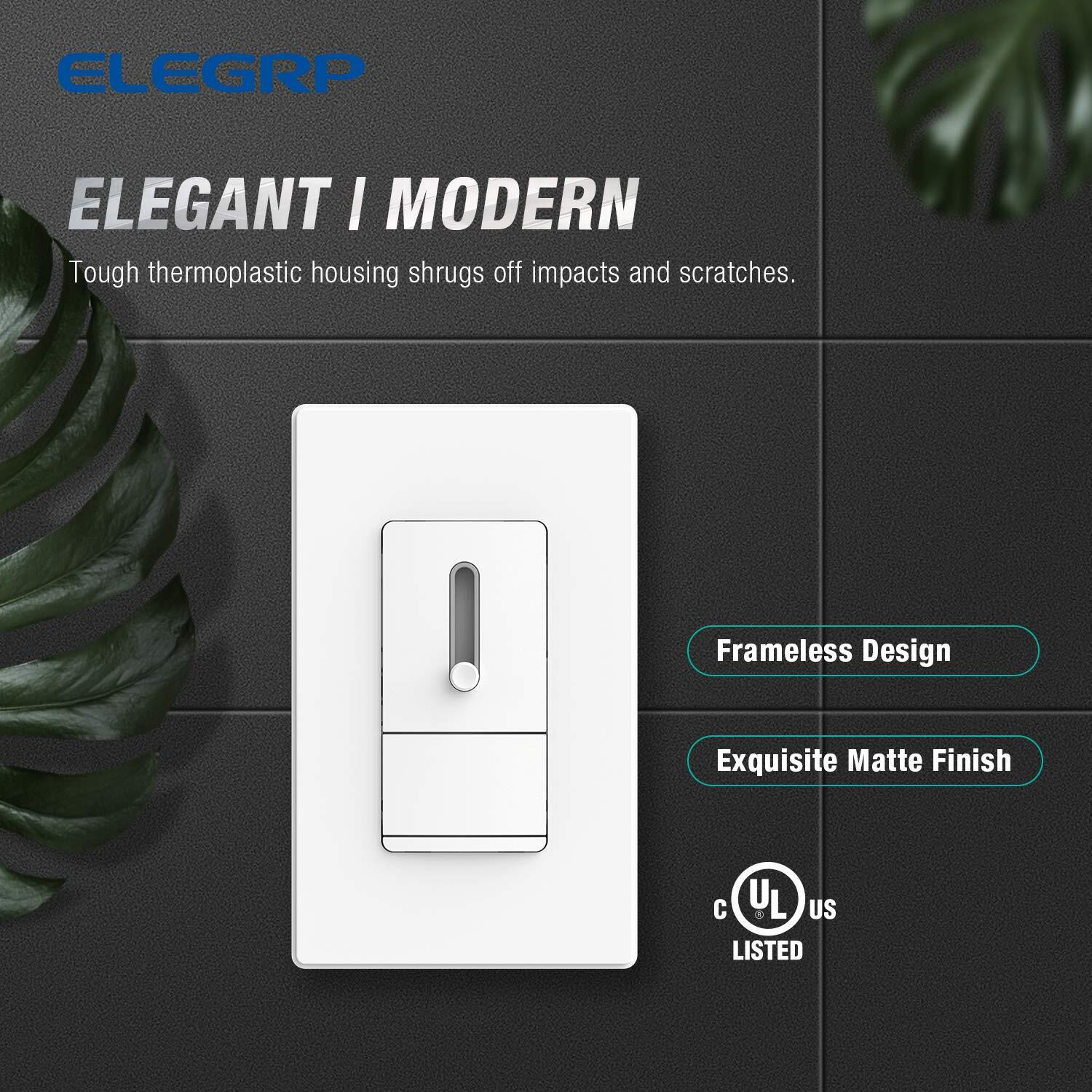 Elegrp Slide Dimmer Switch For Dimmable Led, Cfl And Incandescent Light Lamp Bulbs, Single Pole Or 3-Way, Full Control With Preset, Rocker Paddle, Wall Plate Included, Ul Listed (1 Pack, Matte White)