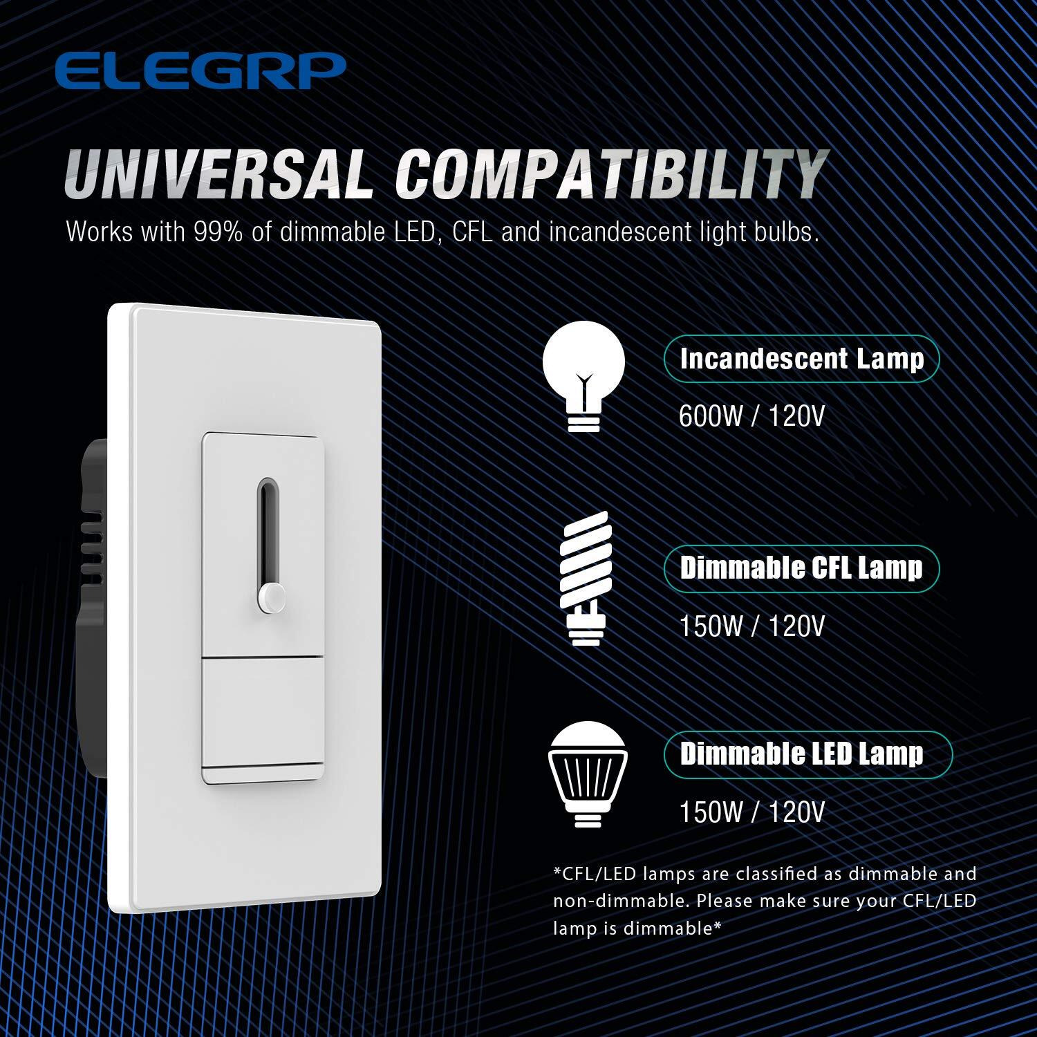 Elegrp Slide Dimmer Switch For Dimmable Led, Cfl And Incandescent Light Lamp Bulbs, Single Pole Or 3-Way, Full Control With Preset, Rocker Paddle, Wall Plate Included, Ul Listed (1 Pack, Matte White)