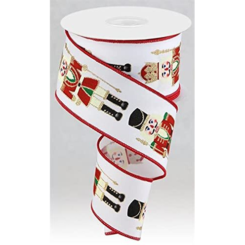 Nutcrackers On Canvas Wired Edge Ribbon - 10 Yards (White, 2.5 Inch)