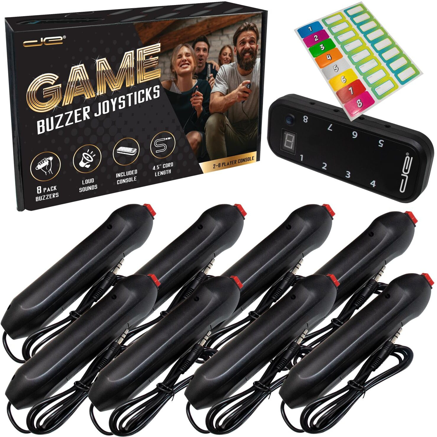 Digital Energy Handheld Buzzer Game System - Console Displays First Buzz-In - Great For Jeopardy, Family Feud, Trivia And Buzzer Games - Console With 8 Joystick Buzzers