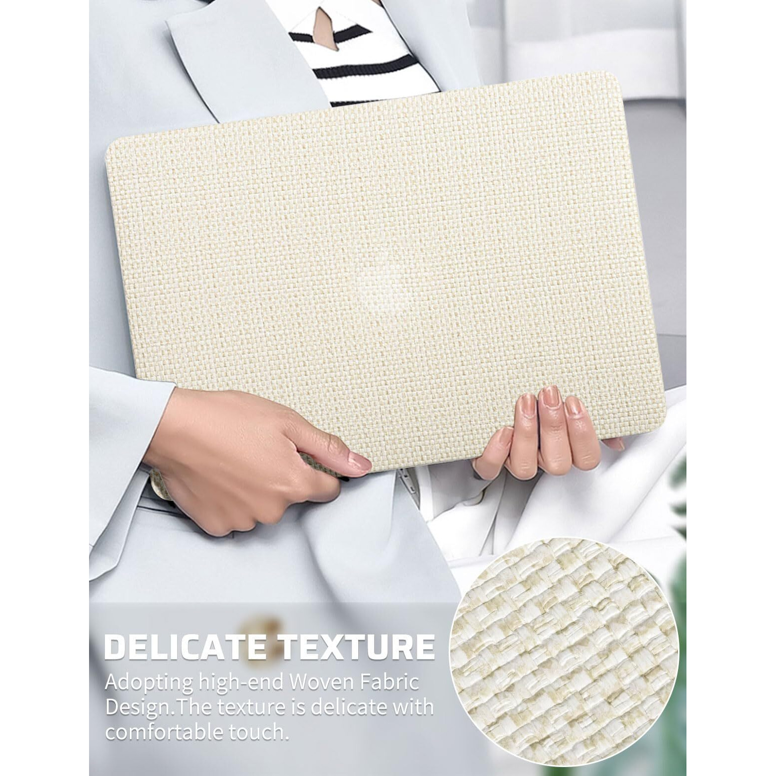 Seorsok Compatible With Macbook Air 13 Inch Case2022 2021 2020 2019 2018 Release A1932 A2179 M1 A2337 Touch Id,Elegant Leather Plastic Hard Shell Case Transparent Keyboard Cover,Beige Woven Fabric