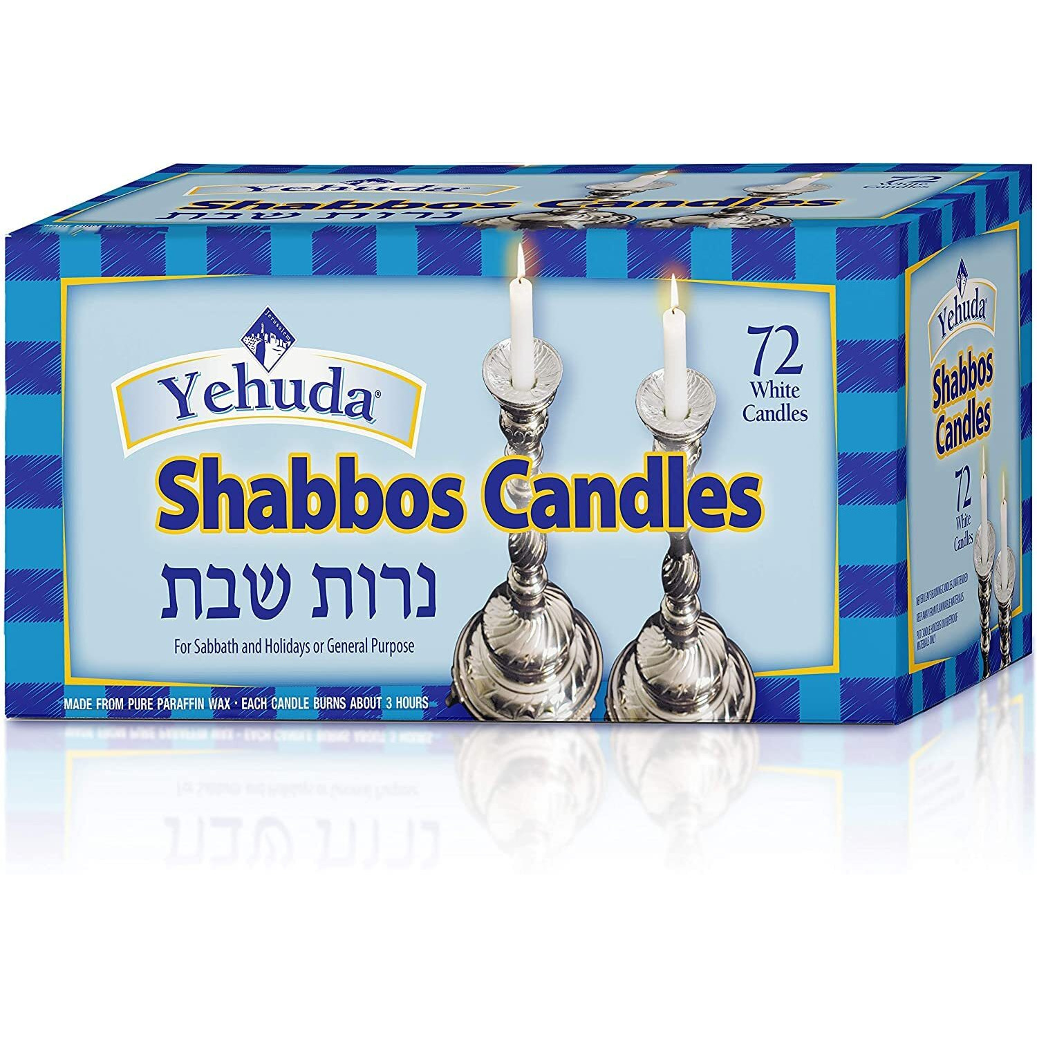 Yehuda 3 Hour White Shabbos Candles (72 Count) Traditional Shabbat Candles, Dinner Table Candles, Household Candles