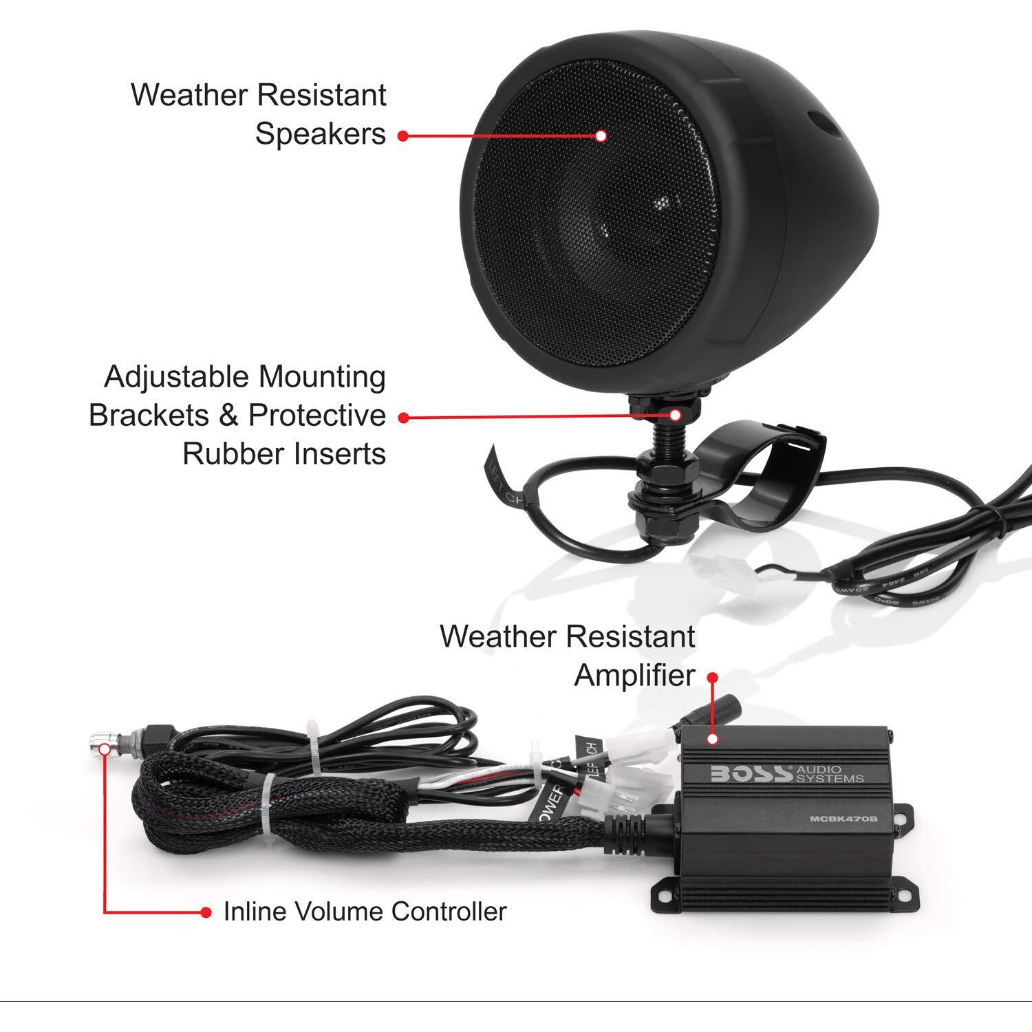 Boss Audio Systems Mcbk470B Motorcycle Bluetooth Speaker System - Class D Compact Amplifier, 3 Inch Weatherproof Speakers, Volume Control, Great For Use With Atvs And 12 Volt Vehicles